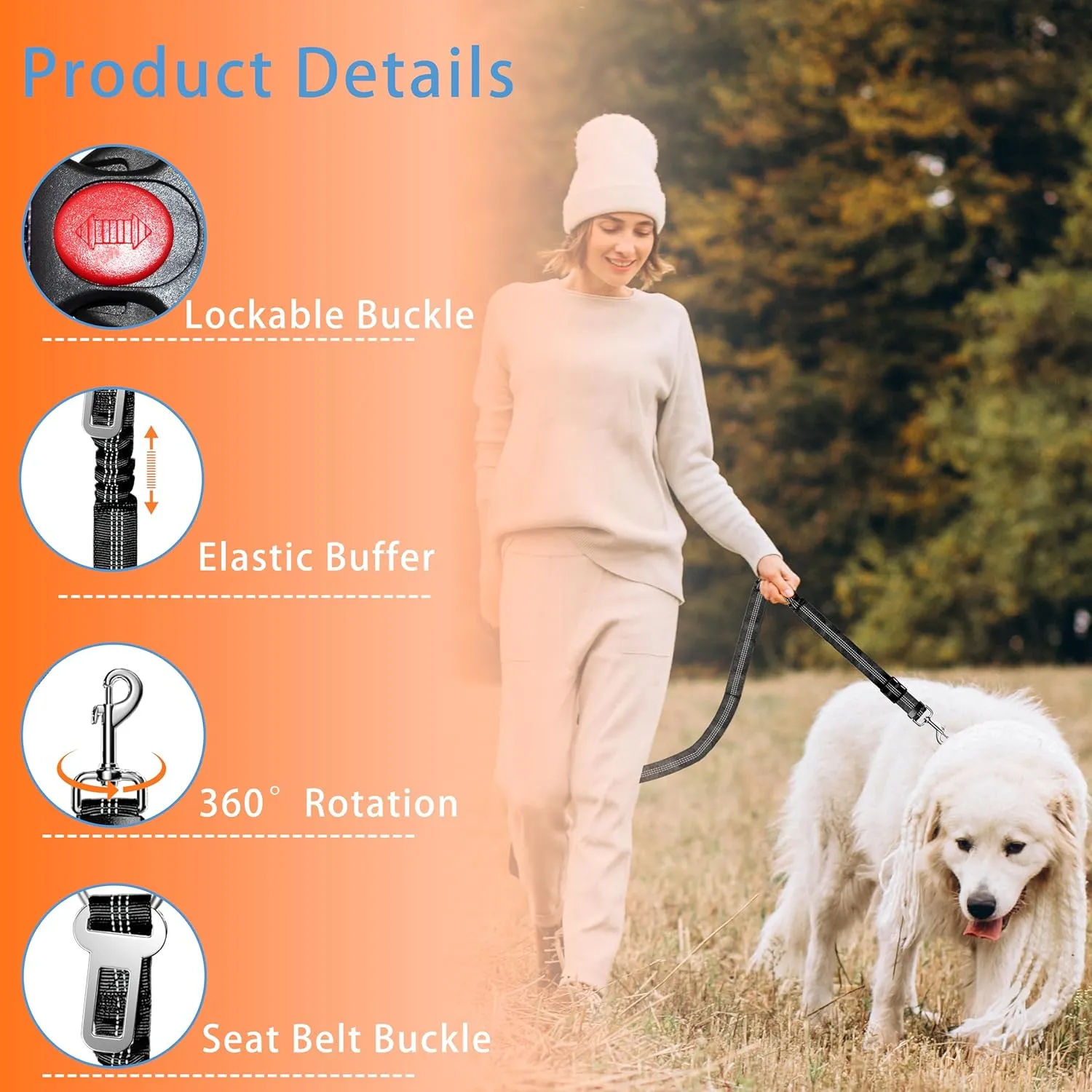 Dog Car Seat Belt Set - 3 Piece Retractable Harness, Adjustable Reflective Seatbelt for Vehicle Headrests, Safety Restraint, Heavy Duty & High Elastics, Black