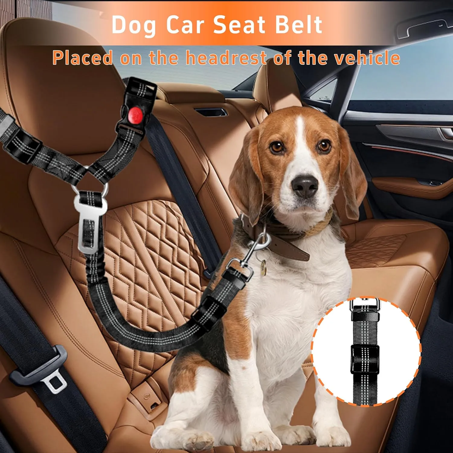 Dog Car Seat Belt Set - 3 Piece Retractable Harness, Adjustable Reflective Seatbelt for Vehicle Headrests, Safety Restraint, Heavy Duty & High Elastics, Black