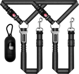 Dog Car Seat Belt Set - 3 Piece Retractable Harness, Adjustable Reflective Seatbelt for Vehicle Headrests, Safety Restraint, Heavy Duty & High Elastics, Black