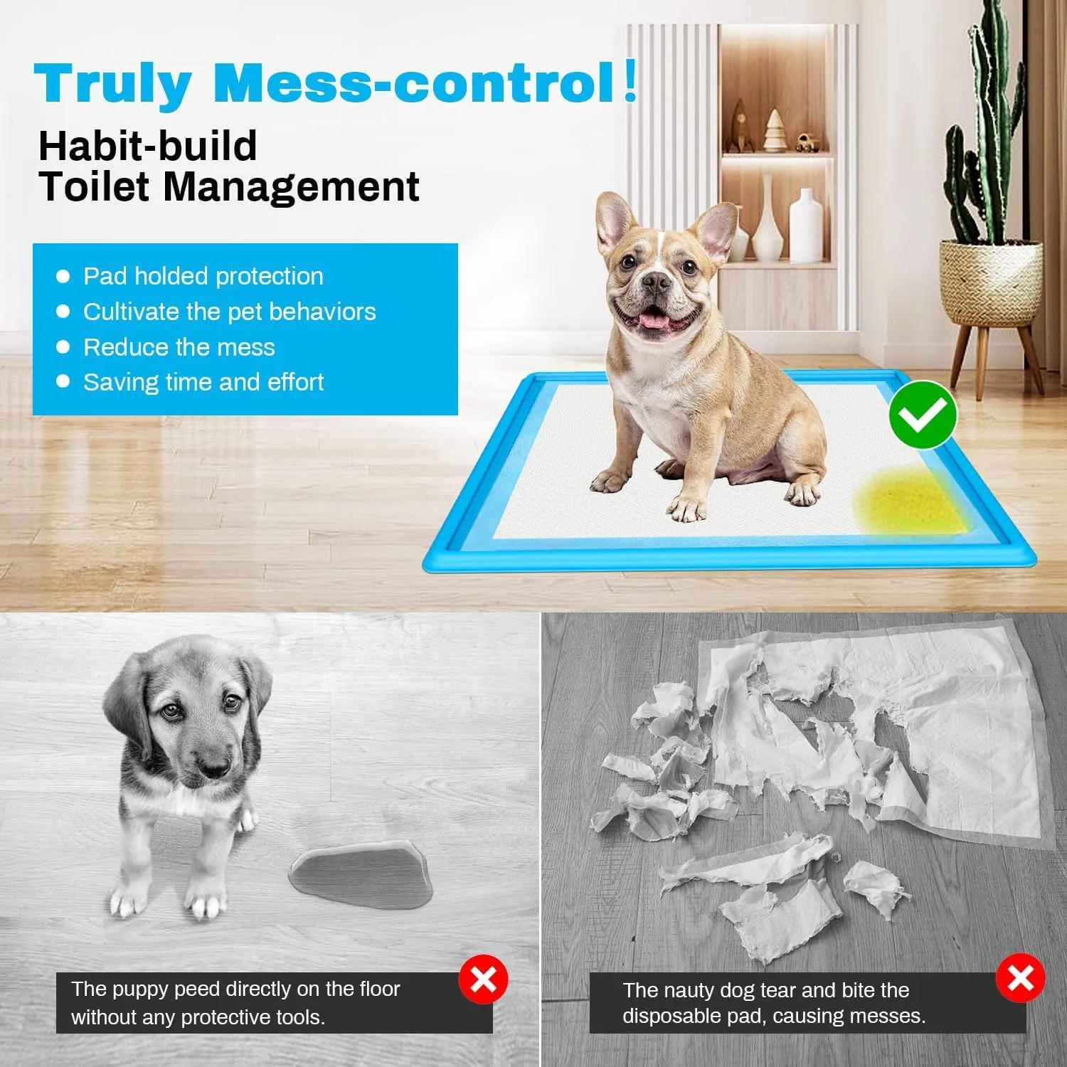 Dog Pee Pad Tray, Puppy Pad Holder for Dogs, Heavy Silicone Mat with Clips, Fits Up to 24" x 24" Disposable Pads, High Edge, Leak-Proof Toilet Mat for Potty, Doggy Baby, Cat, Rabbit Pets