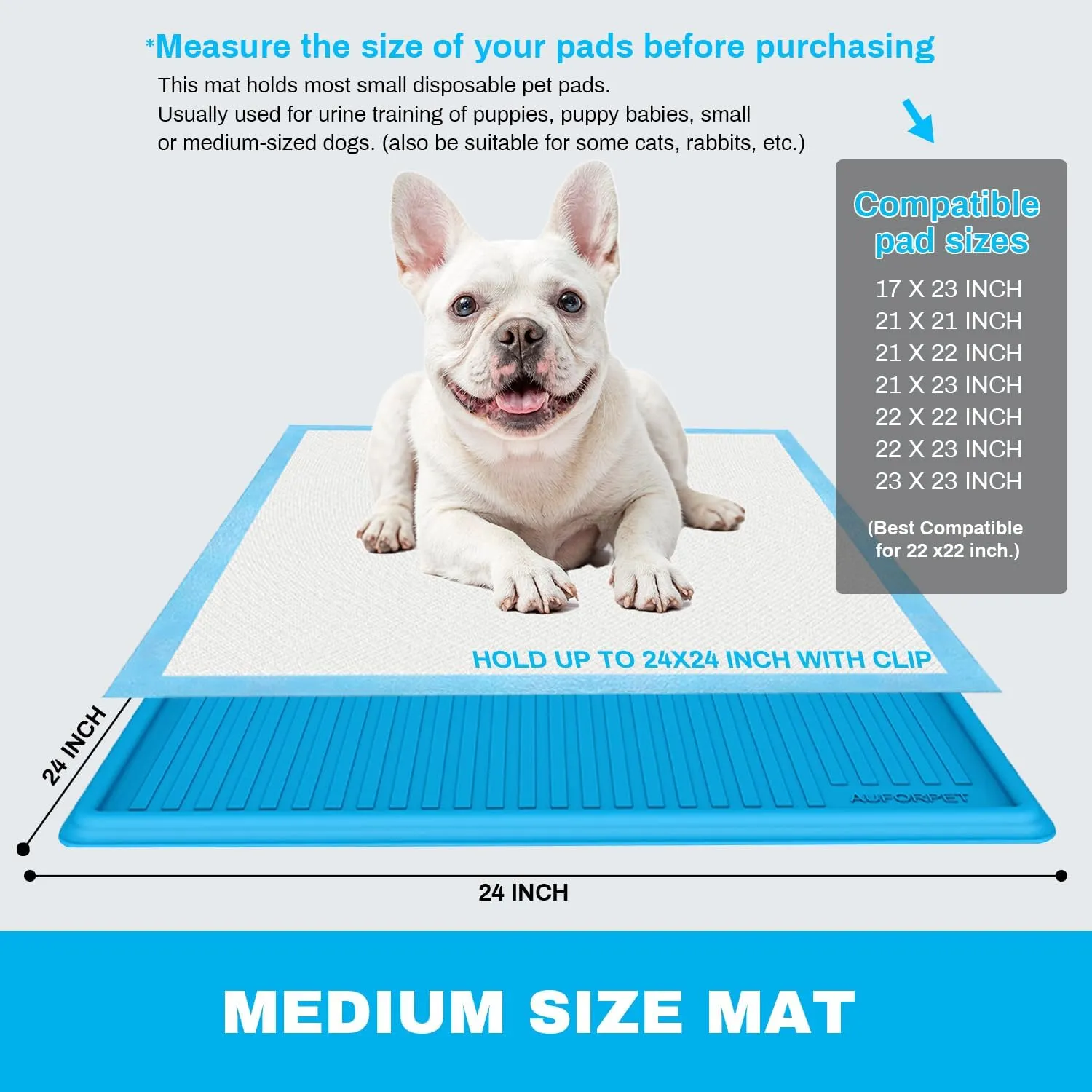 Dog Pee Pad Tray, Puppy Pad Holder for Dogs, Heavy Silicone Mat with Clips, Fits Up to 24" x 24" Disposable Pads, High Edge, Leak-Proof Toilet Mat for Potty, Doggy Baby, Cat, Rabbit Pets