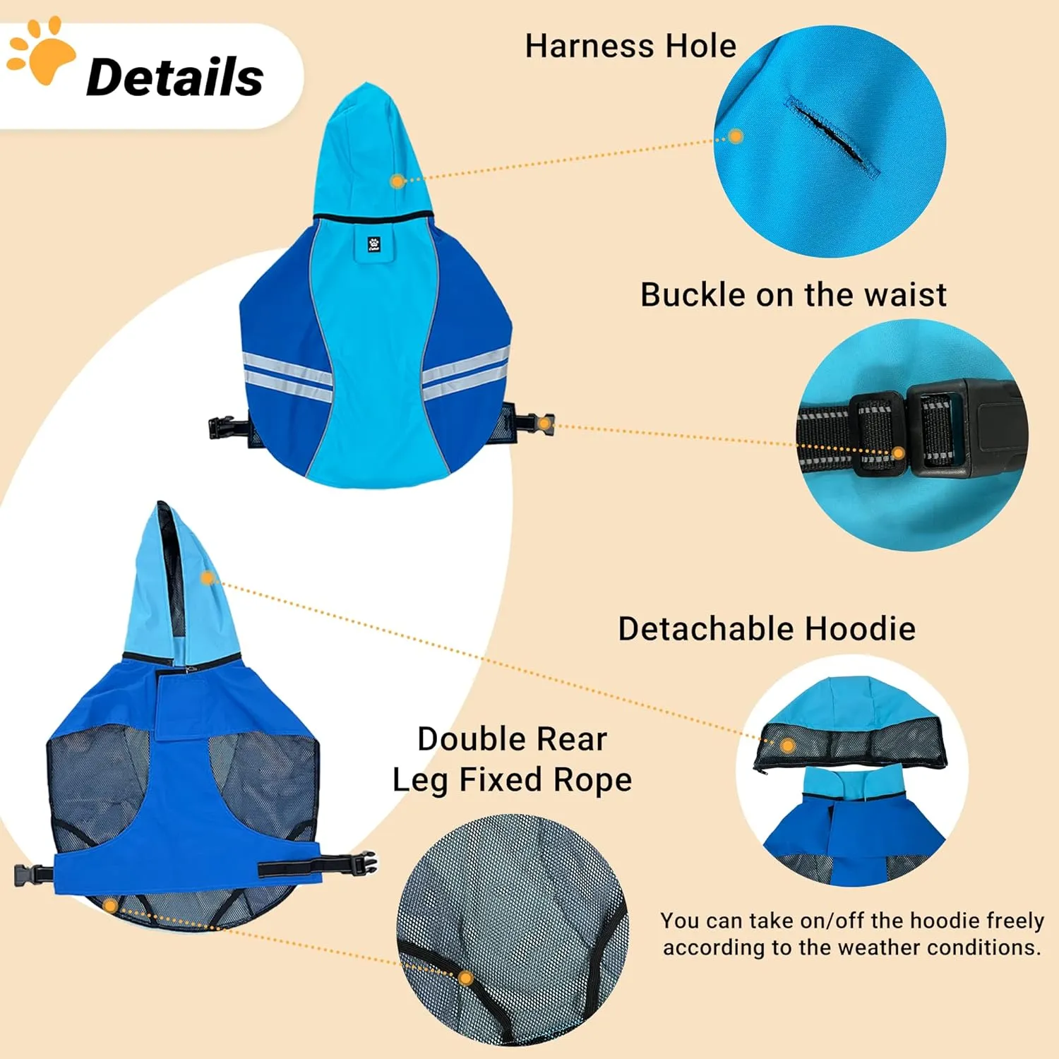 Dog Raincoat for Medium Large Extra Large Dogs, Waterproof Rain Jacket with Reflective Strap, Lightweight Hoodies Full-Body Coverage Dry Clothes (M, Blue)