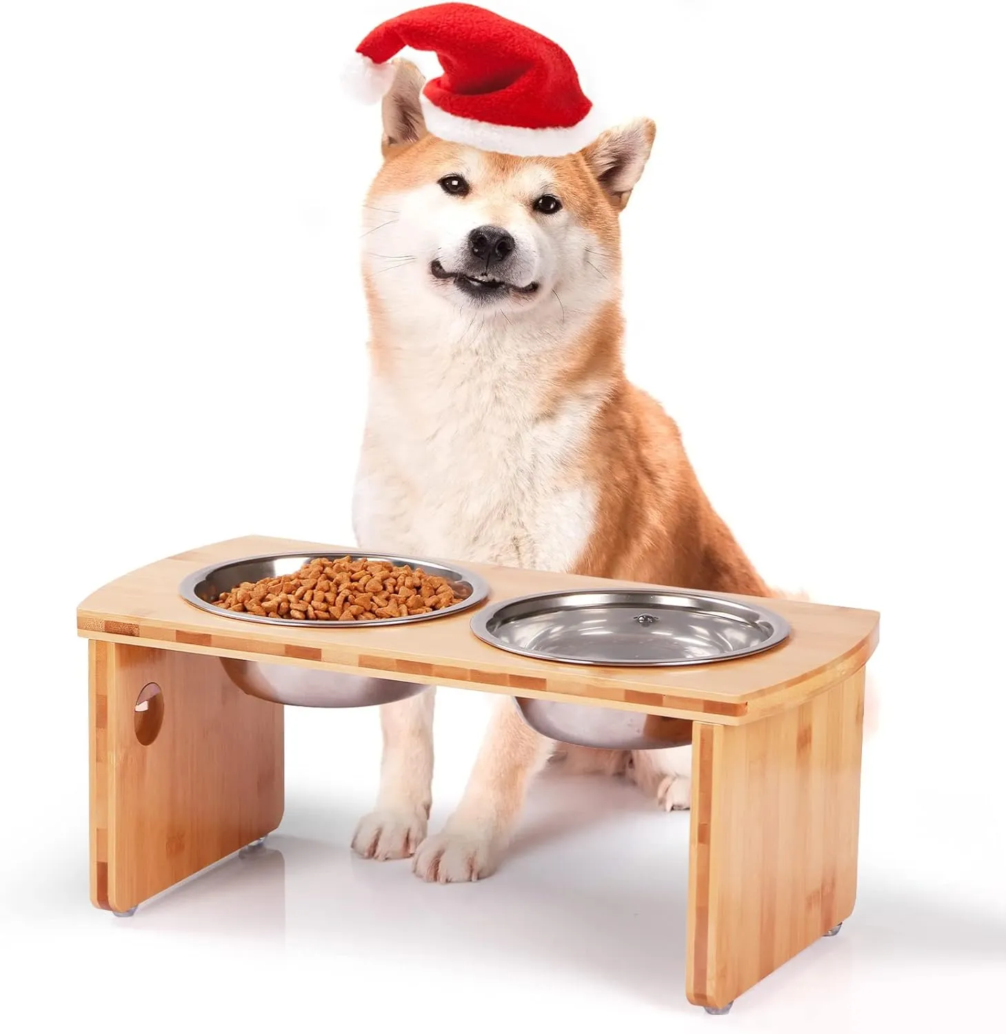 Elevated Dog Bowls, Bamboo Raised Dog Bowl for Medium Dogs, with 2 Stainless Steel Bowls (7'' Tall-30 oz Bowl)
