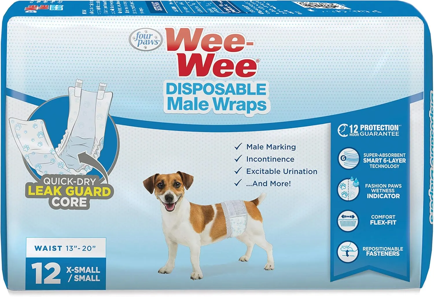 Four Paws Wee-Wee Super Absorbent Disposable Adjustable Dog Potty Training Male Wraps Diapers, Leak-Proof Protection for Puppies and Small Dogs, Extra Small, 12 Count