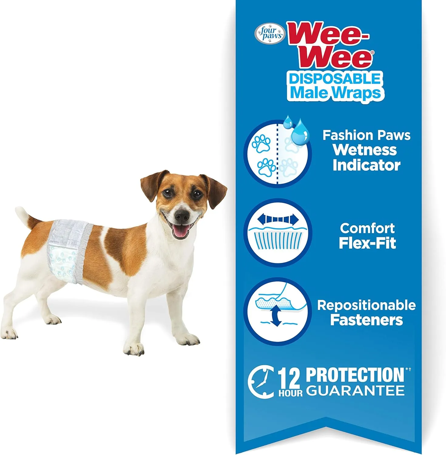 Four Paws Wee-Wee Super Absorbent Disposable Adjustable Dog Potty Training Male Wraps Diapers, Leak-Proof Protection for Puppies and Small Dogs, Extra Small, 12 Count