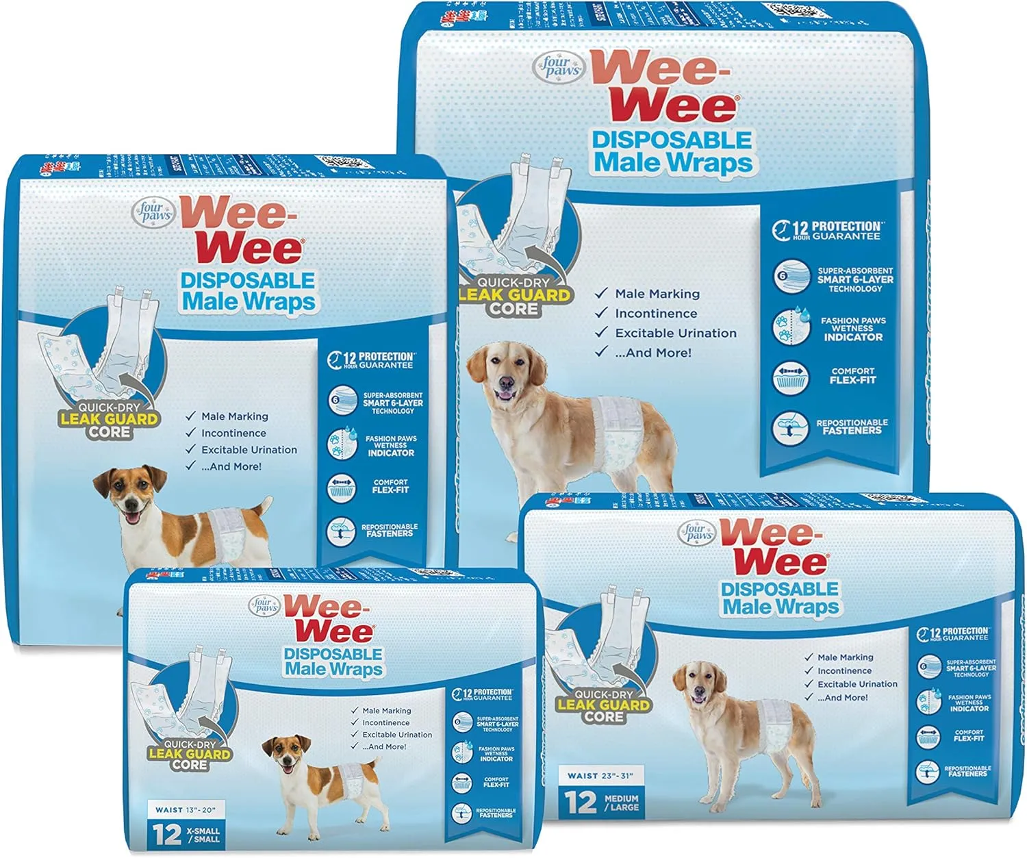 Four Paws Wee-Wee Super Absorbent Disposable Adjustable Dog Potty Training Male Wraps Diapers, Leak-Proof Protection for Puppies and Small Dogs, Extra Small, 12 Count