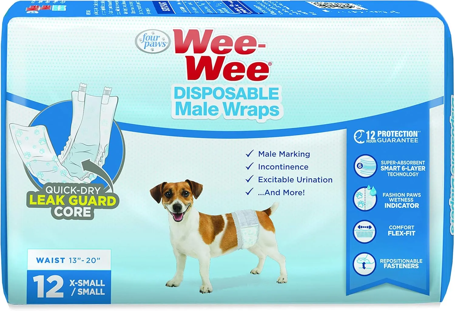 Four Paws Wee-Wee Super Absorbent Disposable Adjustable Dog Potty Training Male Wraps Diapers, Leak-Proof Protection for Puppies and Small Dogs, Extra Small, 12 Count