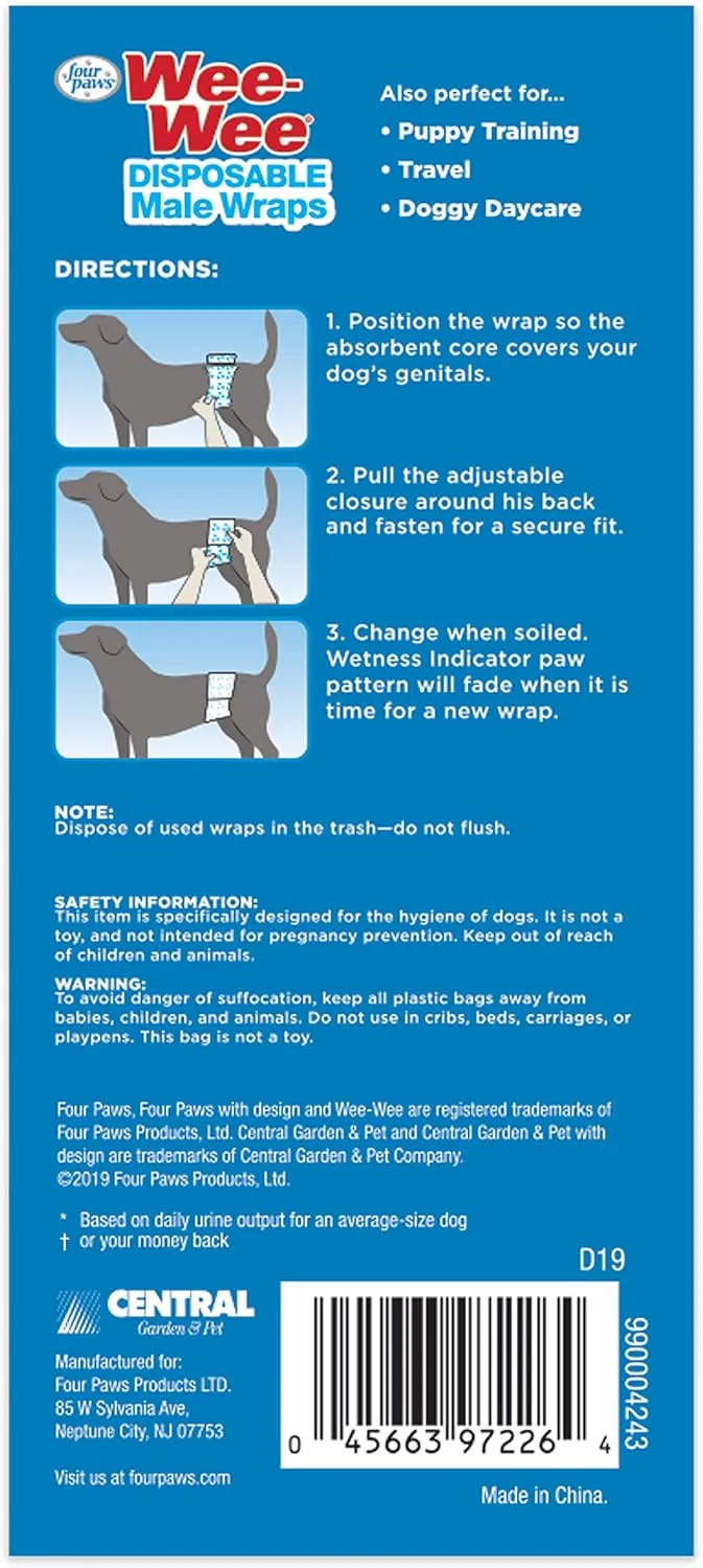 Four Paws Wee-Wee Super Absorbent Disposable Adjustable Dog Potty Training Male Wraps Diapers, Leak-Proof Protection for Puppies and Small Dogs, Extra Small, 12 Count