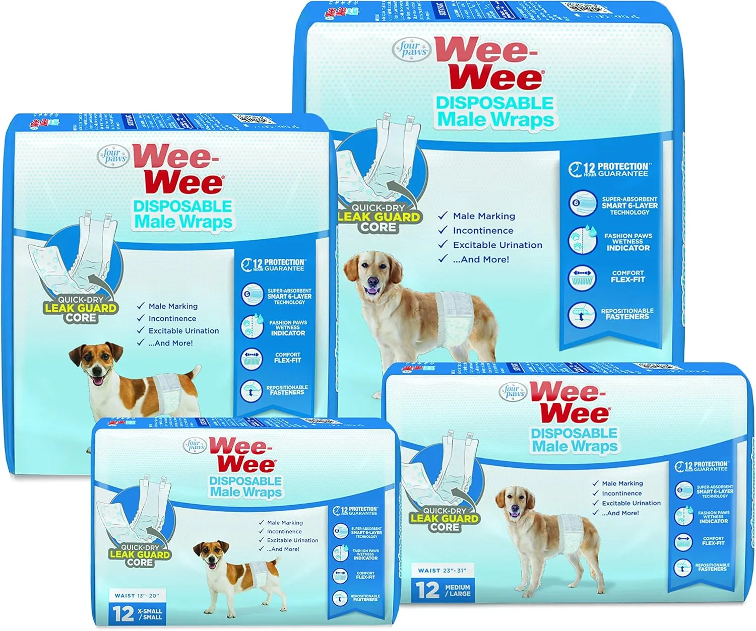 Four Paws Wee-Wee Super Absorbent Disposable Adjustable Dog Potty Training Male Wraps Diapers, Leak-Proof Protection for Puppies and Small Dogs, Extra Small, 12 Count