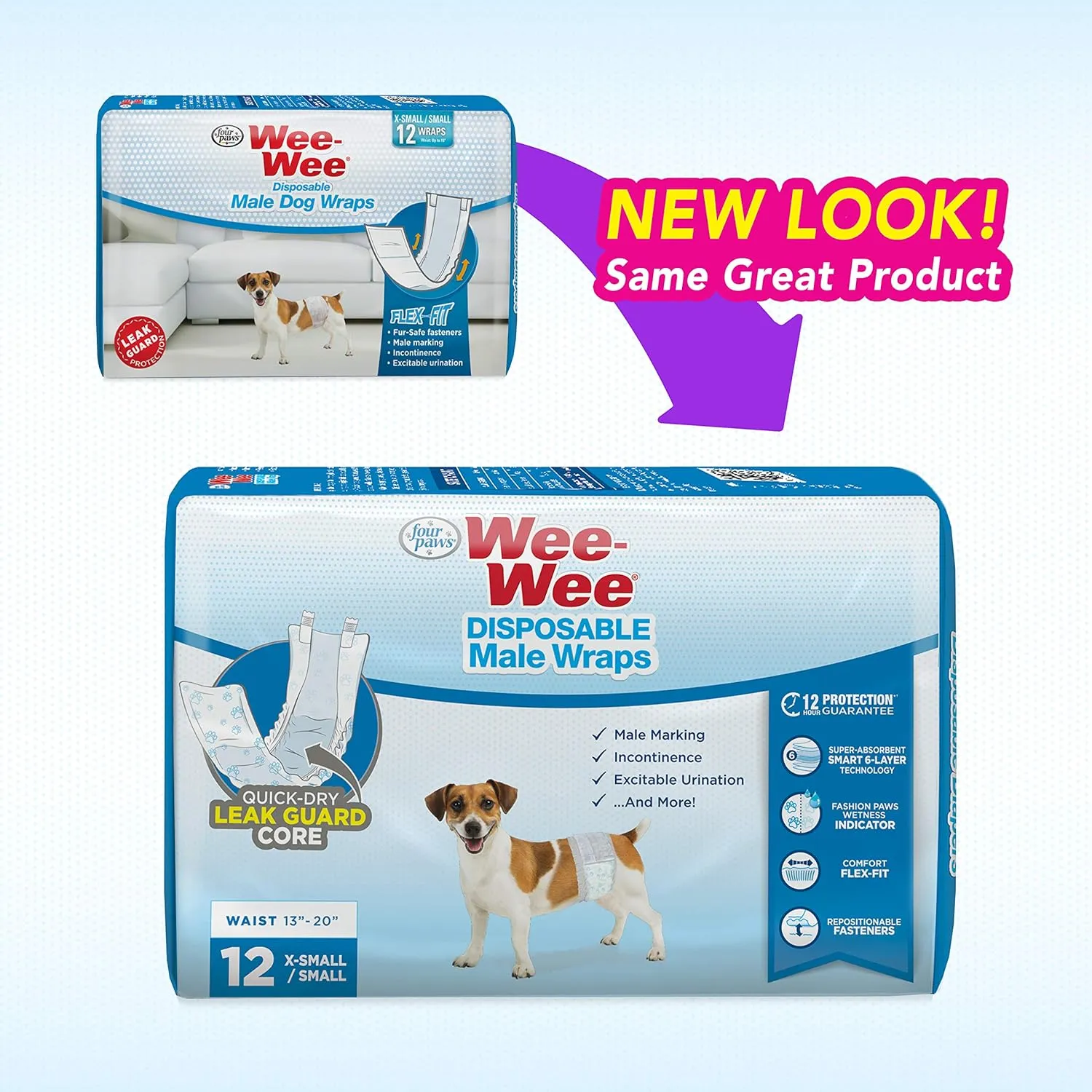 Four Paws Wee-Wee Super Absorbent Disposable Adjustable Dog Potty Training Male Wraps Diapers, Leak-Proof Protection for Puppies and Small Dogs, Extra Small, 12 Count