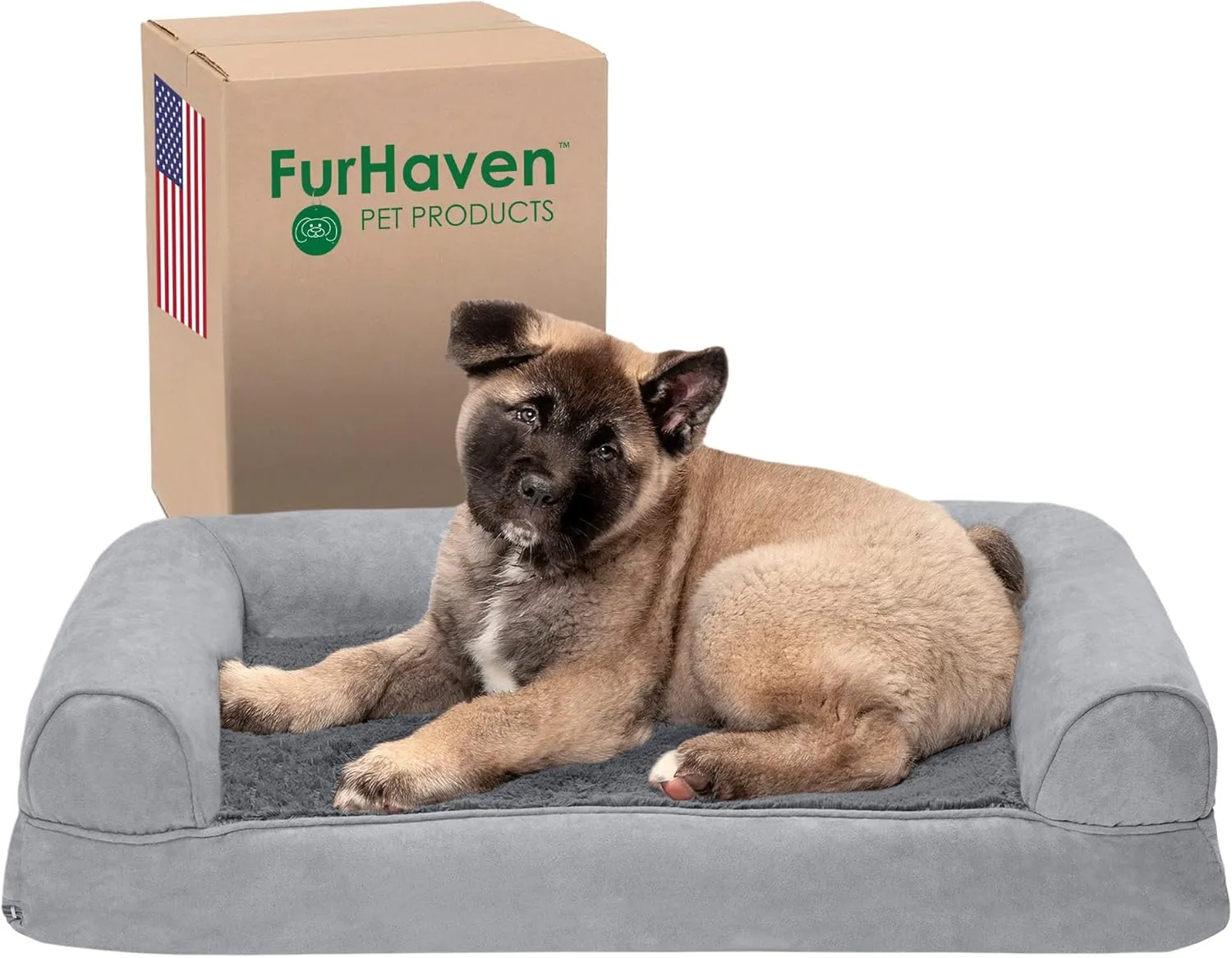 Furhaven Memory Foam Dog Bed for Medium/Small Dogs w/ Removable Bolsters & Washable Cover, For Dogs Up to 35 lbs - Plush & Suede Sofa - Gray, Medium