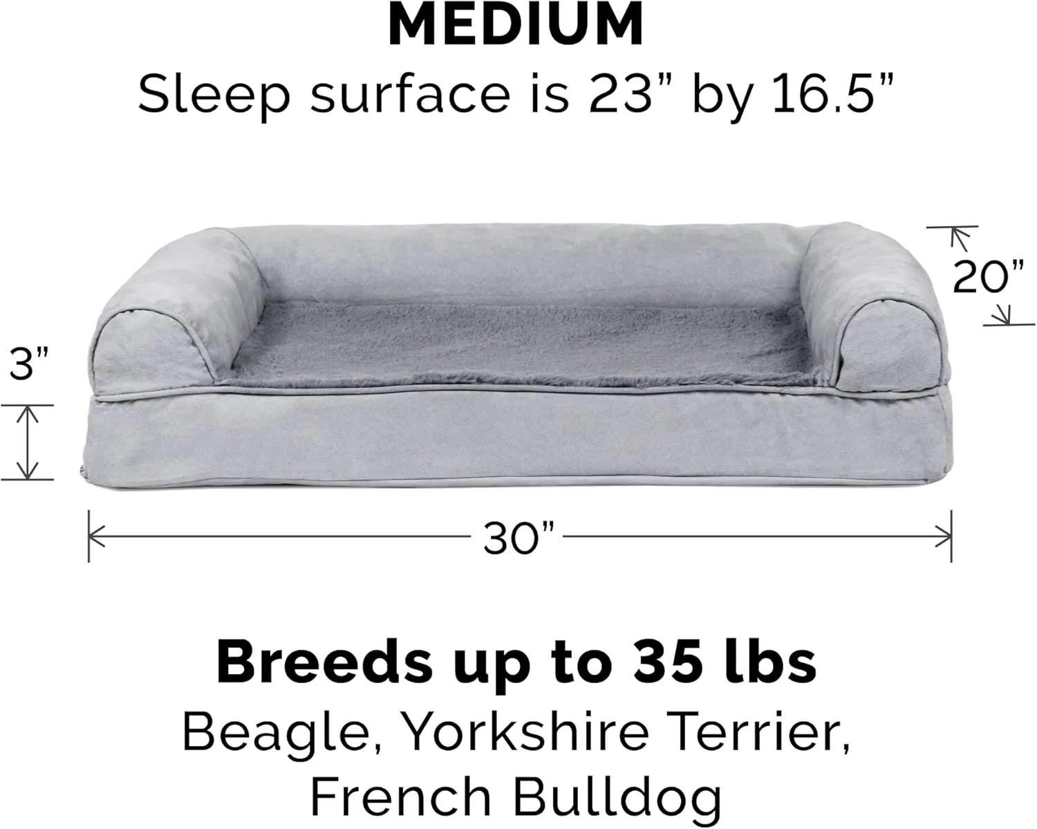 Furhaven Memory Foam Dog Bed for Medium/Small Dogs w/ Removable Bolsters & Washable Cover, For Dogs Up to 35 lbs - Plush & Suede Sofa - Gray, Medium