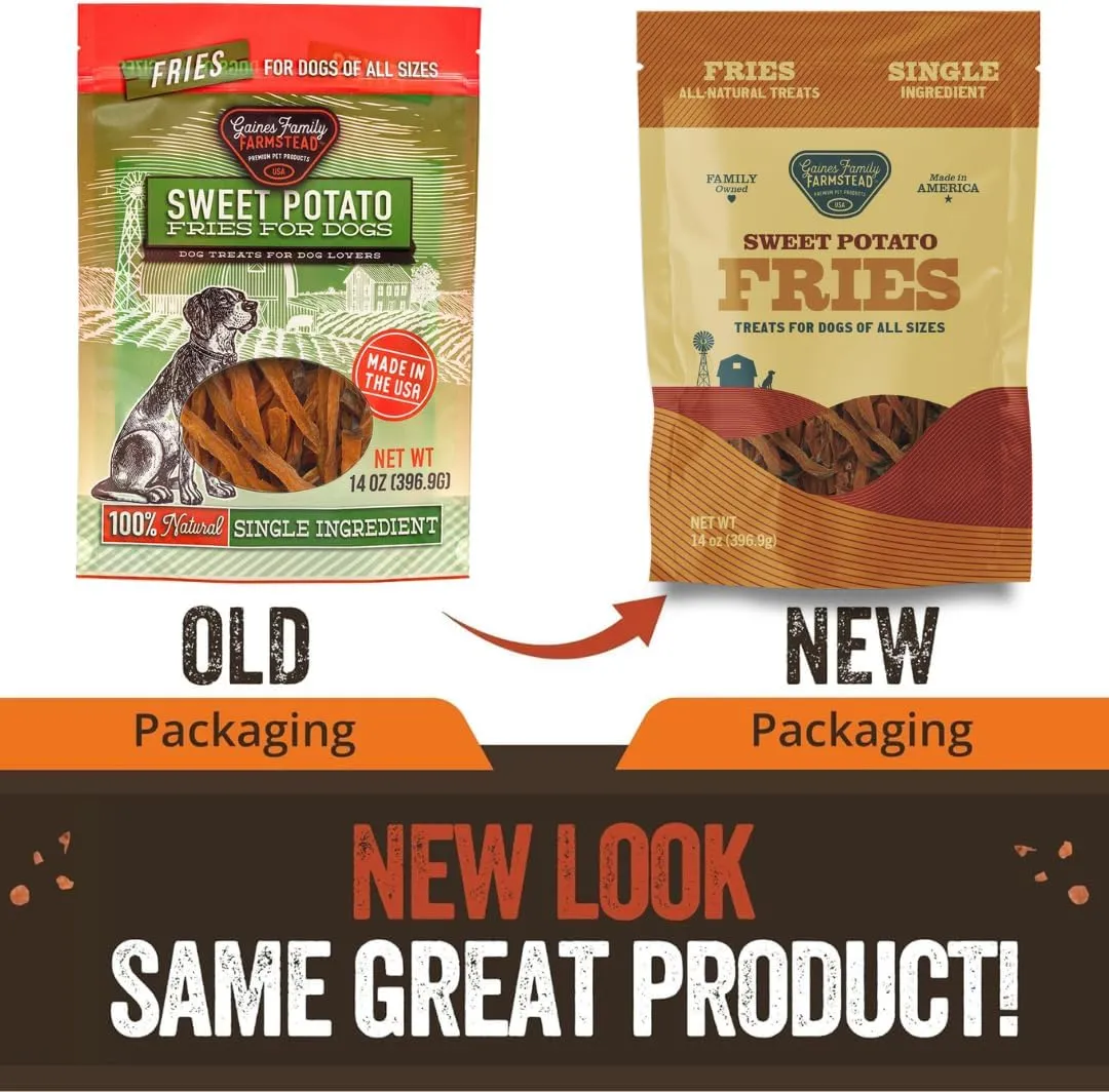 Gaines Family Farmstead Sweet Potato Fries for Dogs  14 oz, Grain-Free, Single Ingredient Dog Treats, Crispy Rawhide-Free Chews, High-Fiber Snacks for Training, Made in USA