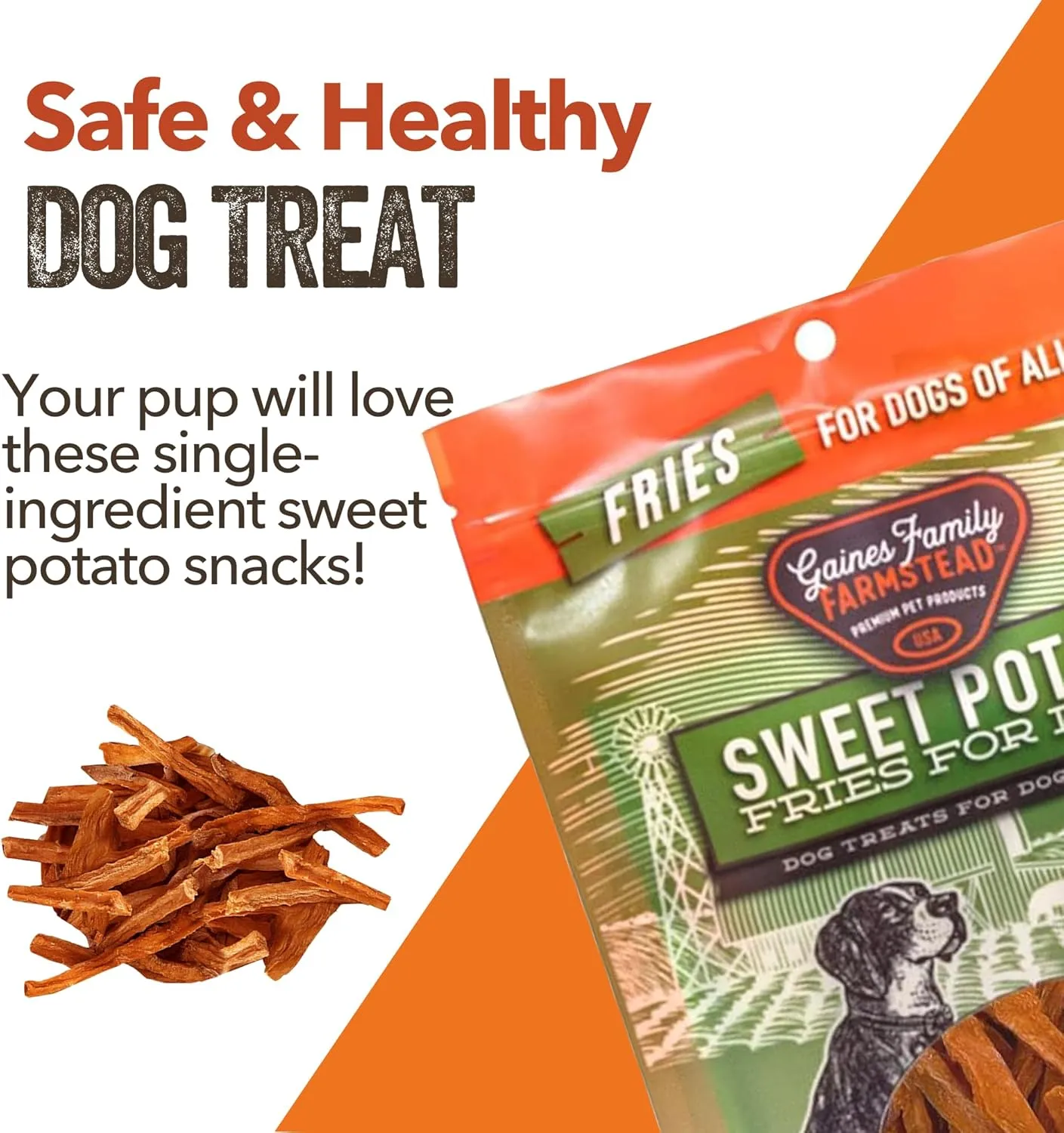 Gaines Family Farmstead Sweet Potato Fries for Dogs  14 oz, Grain-Free, Single Ingredient Dog Treats, Crispy Rawhide-Free Chews, High-Fiber Snacks for Training, Made in USA