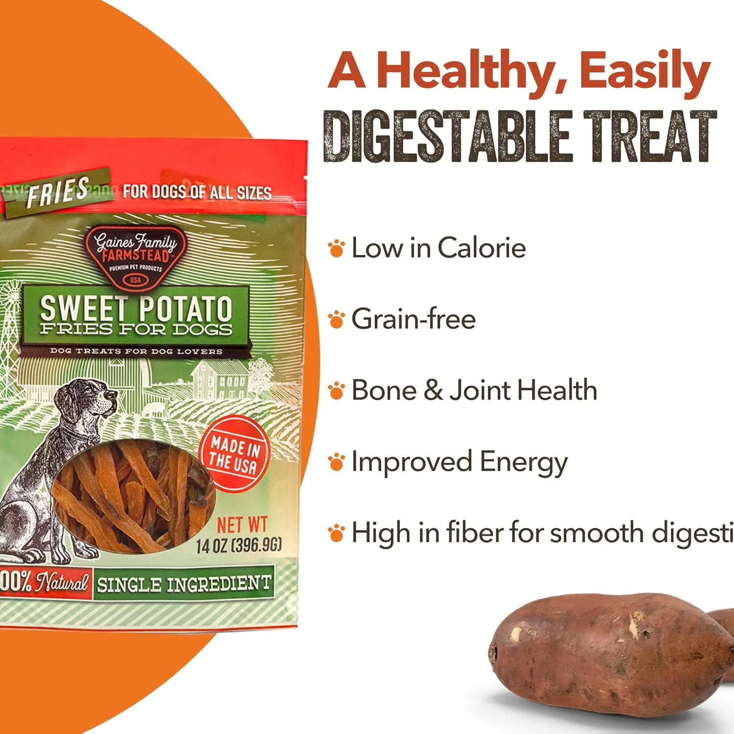 Gaines Family Farmstead Sweet Potato Fries for Dogs  14 oz, Grain-Free, Single Ingredient Dog Treats, Crispy Rawhide-Free Chews, High-Fiber Snacks for Training, Made in USA