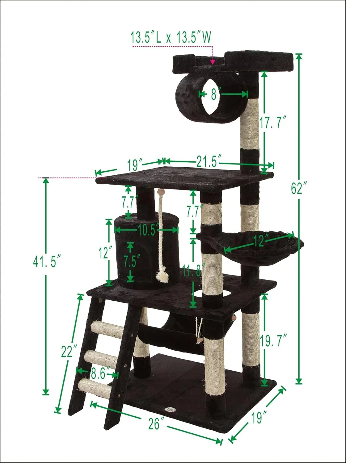 Go Pet Club - 62" Tall Cat Tree - Cat Tower with Scratching Post - Cat Tower for Indoor Cats - Multi-Level Condo, Hammock, Basket Bed - Black