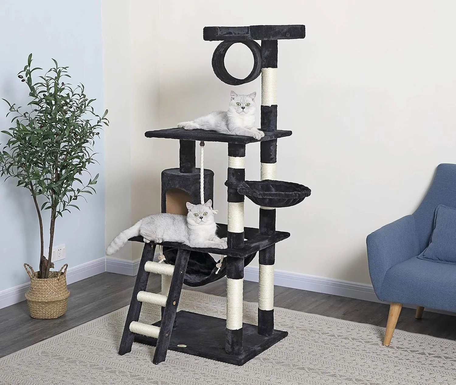 Go Pet Club - 62" Tall Cat Tree - Cat Tower with Scratching Post - Cat Tower for Indoor Cats - Multi-Level Condo, Hammock, Basket Bed - Black