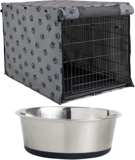 GORILLA GRIP Dog Crate Cover, 42 in Gray Black Paw and Stainless Steel Dog Bowl, 4 Cup Black, 2 Item Bundle