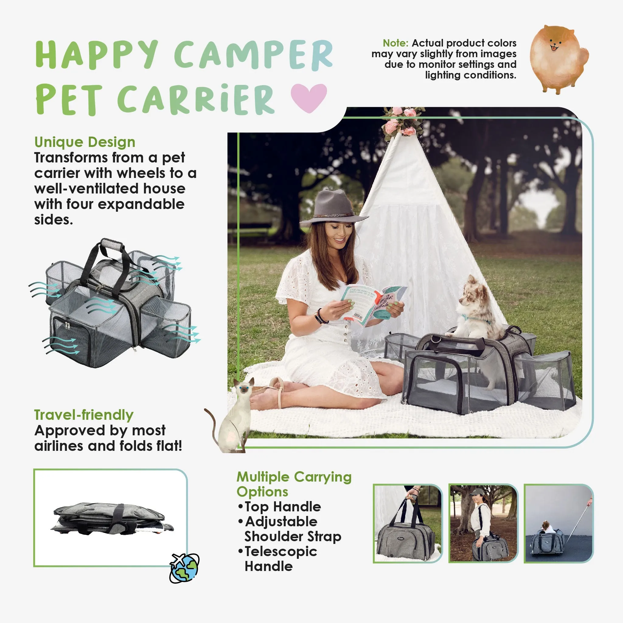 Happy Camper Expandable Pet Carrier: 4x Room, Durable Mesh, 360° Wheels, Faux-Sherpa Mat, Airline Approved, 3 Carrying Options, Zipper Doors, Removable Wheels & Base, Folds Flat for Travel for Dogs, Cats, Small Animals, Supports up to 15 LBS