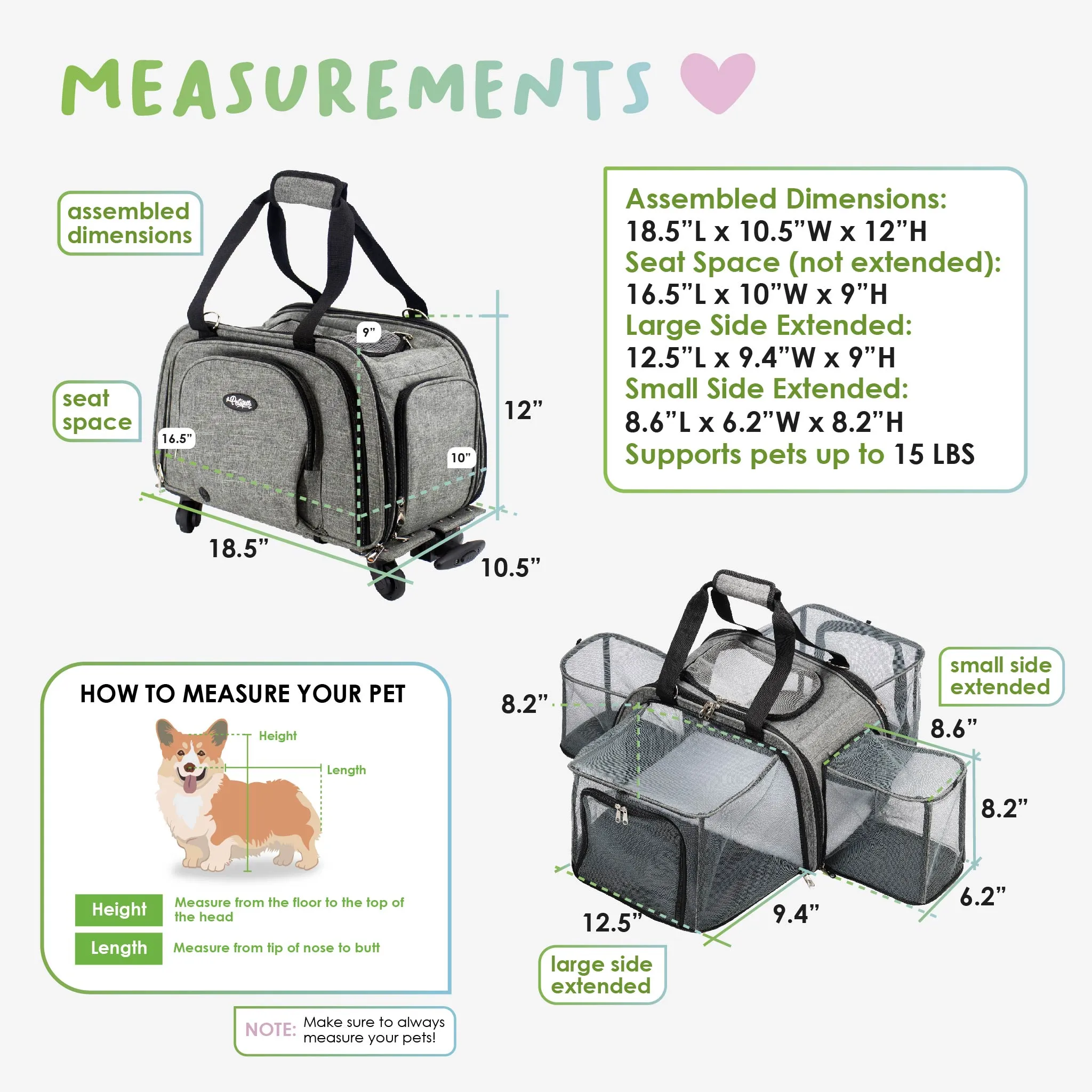 Happy Camper Expandable Pet Carrier: 4x Room, Durable Mesh, 360° Wheels, Faux-Sherpa Mat, Airline Approved, 3 Carrying Options, Zipper Doors, Removable Wheels & Base, Folds Flat for Travel for Dogs, Cats, Small Animals, Supports up to 15 LBS