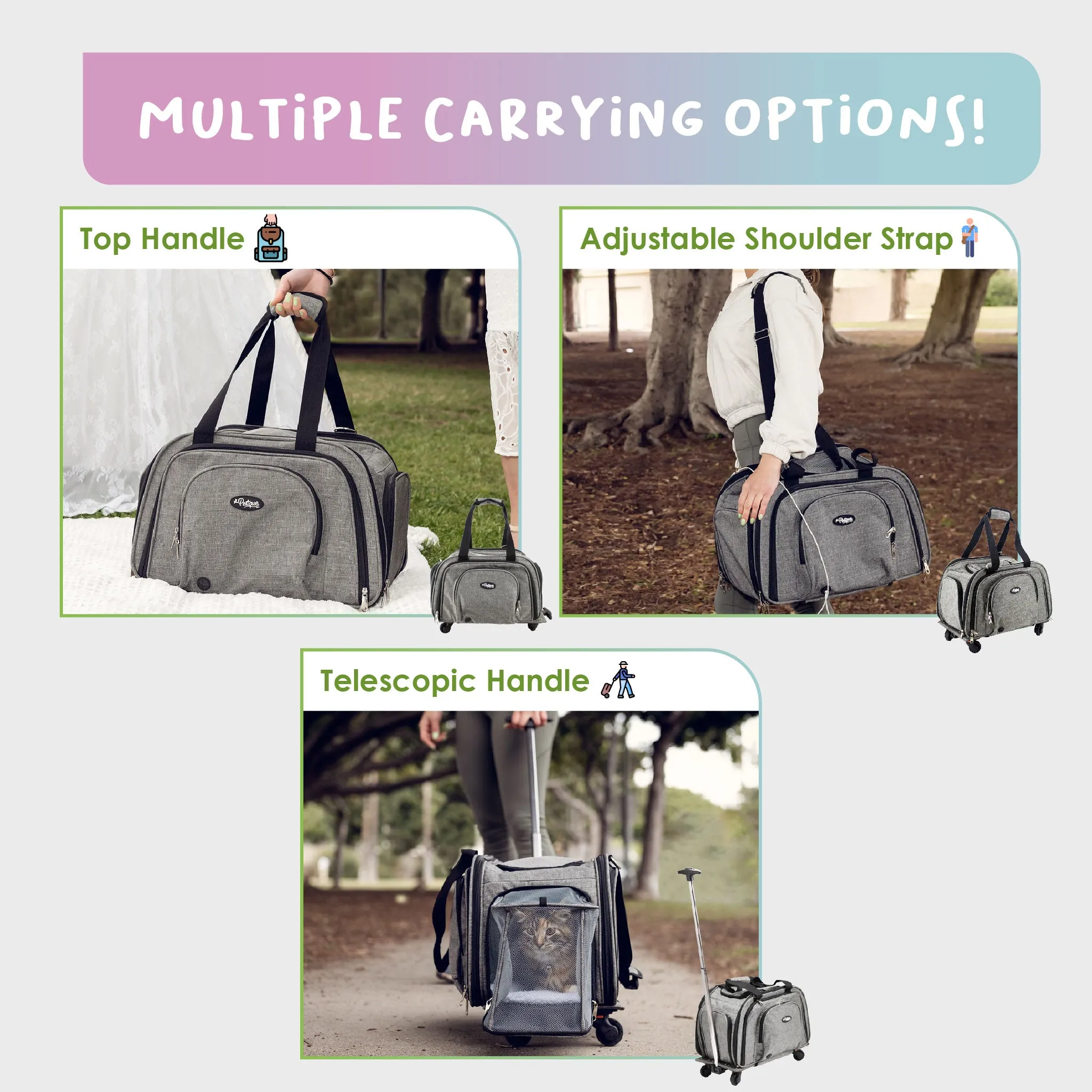 Happy Camper Expandable Pet Carrier: 4x Room, Durable Mesh, 360° Wheels, Faux-Sherpa Mat, Airline Approved, 3 Carrying Options, Zipper Doors, Removable Wheels & Base, Folds Flat for Travel for Dogs, Cats, Small Animals, Supports up to 15 LBS