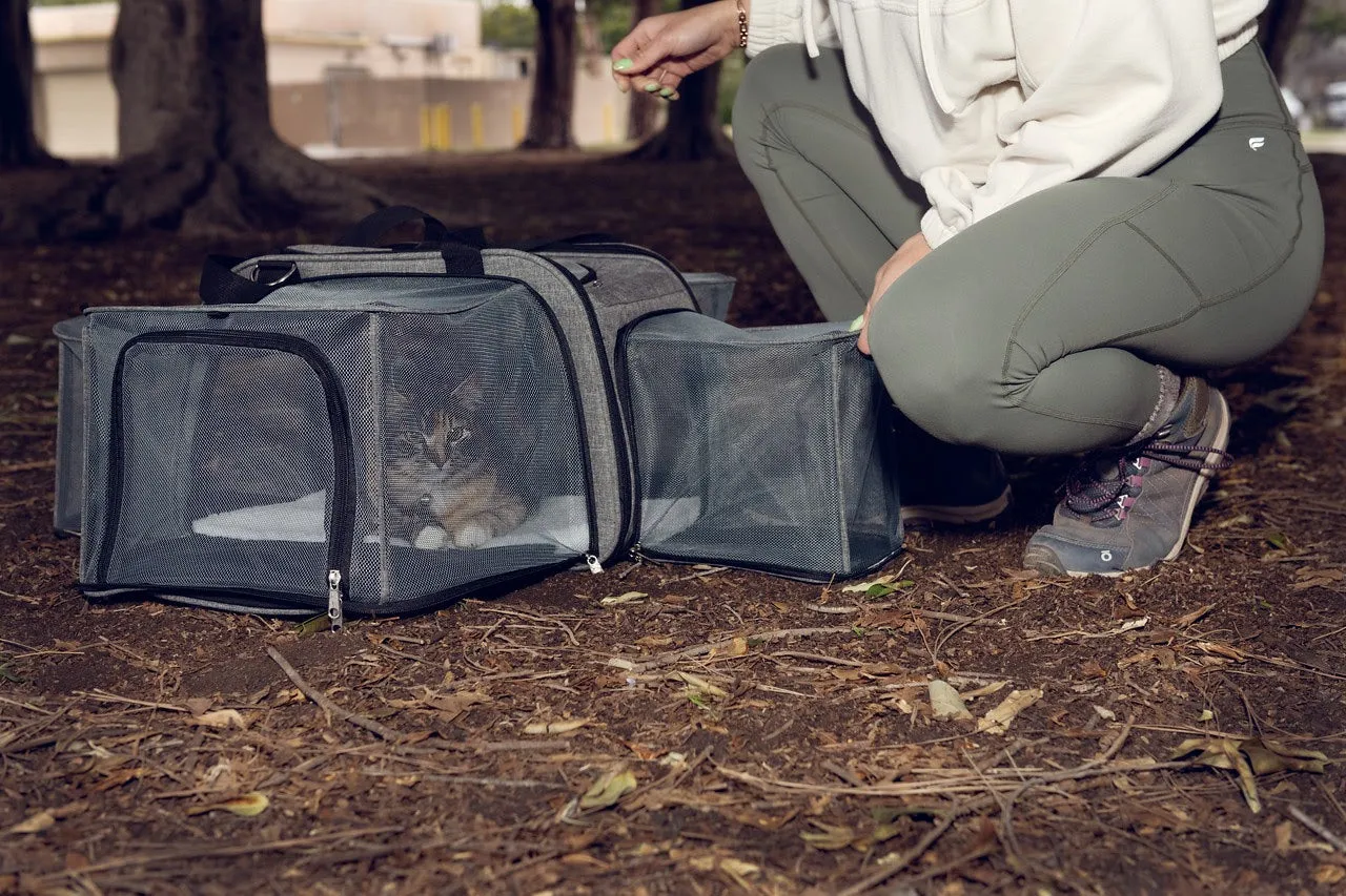 Happy Camper Expandable Pet Carrier: 4x Room, Durable Mesh, 360° Wheels, Faux-Sherpa Mat, Airline Approved, 3 Carrying Options, Zipper Doors, Removable Wheels & Base, Folds Flat for Travel for Dogs, Cats, Small Animals, Supports up to 15 LBS
