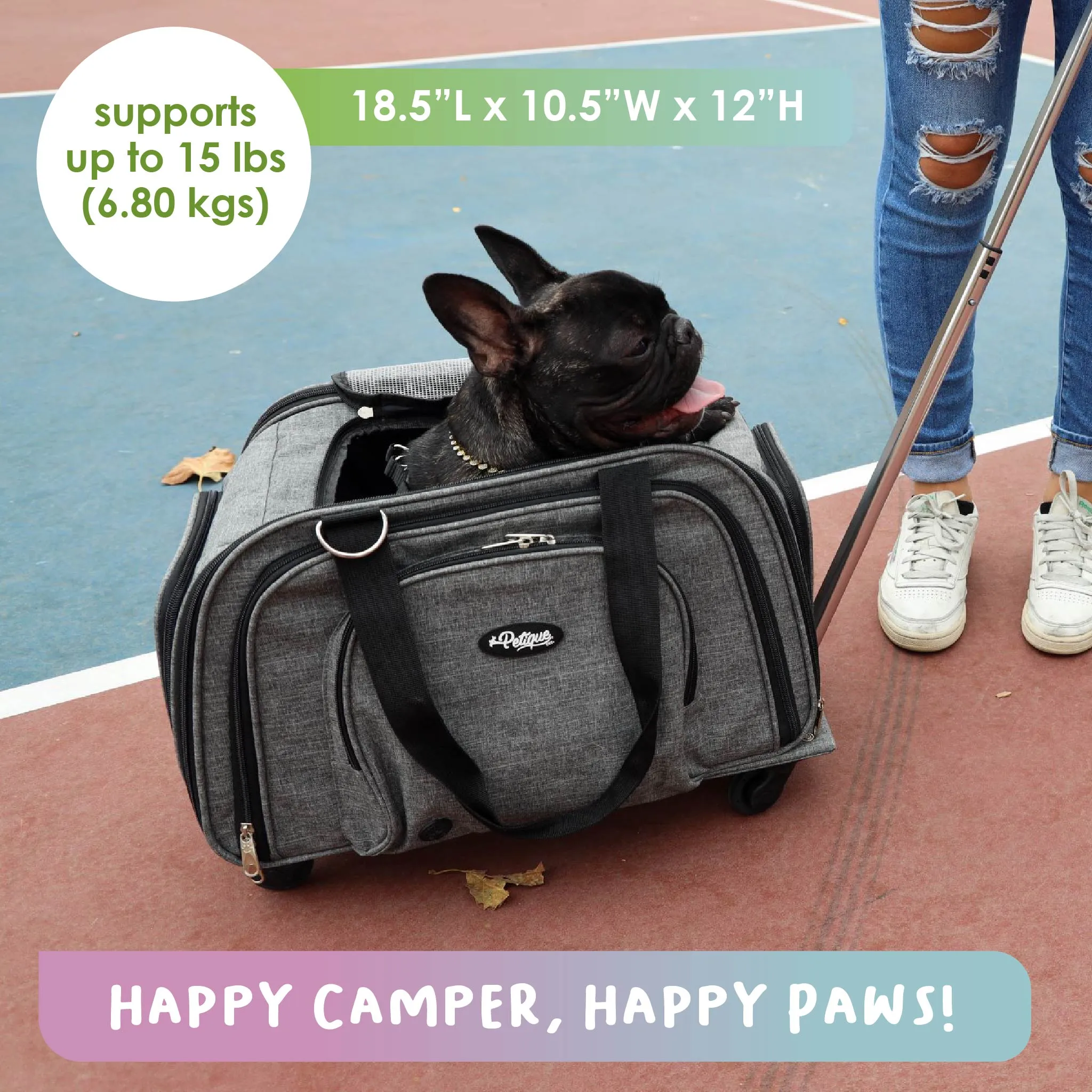 Happy Camper Expandable Pet Carrier: 4x Room, Durable Mesh, 360° Wheels, Faux-Sherpa Mat, Airline Approved, 3 Carrying Options, Zipper Doors, Removable Wheels & Base, Folds Flat for Travel for Dogs, Cats, Small Animals, Supports up to 15 LBS