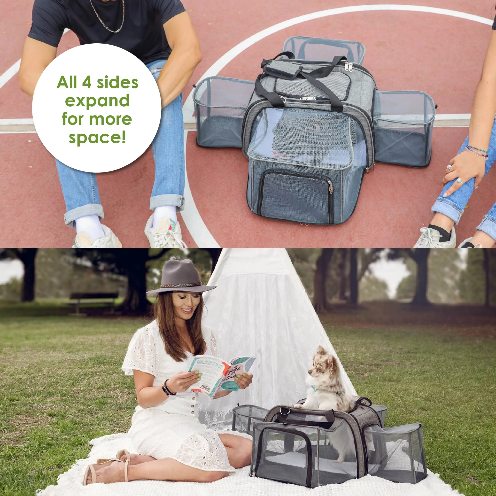 Happy Camper Expandable Pet Carrier: 4x Room, Durable Mesh, 360° Wheels, Faux-Sherpa Mat, Airline Approved, 3 Carrying Options, Zipper Doors, Removable Wheels & Base, Folds Flat for Travel for Dogs, Cats, Small Animals, Supports up to 15 LBS