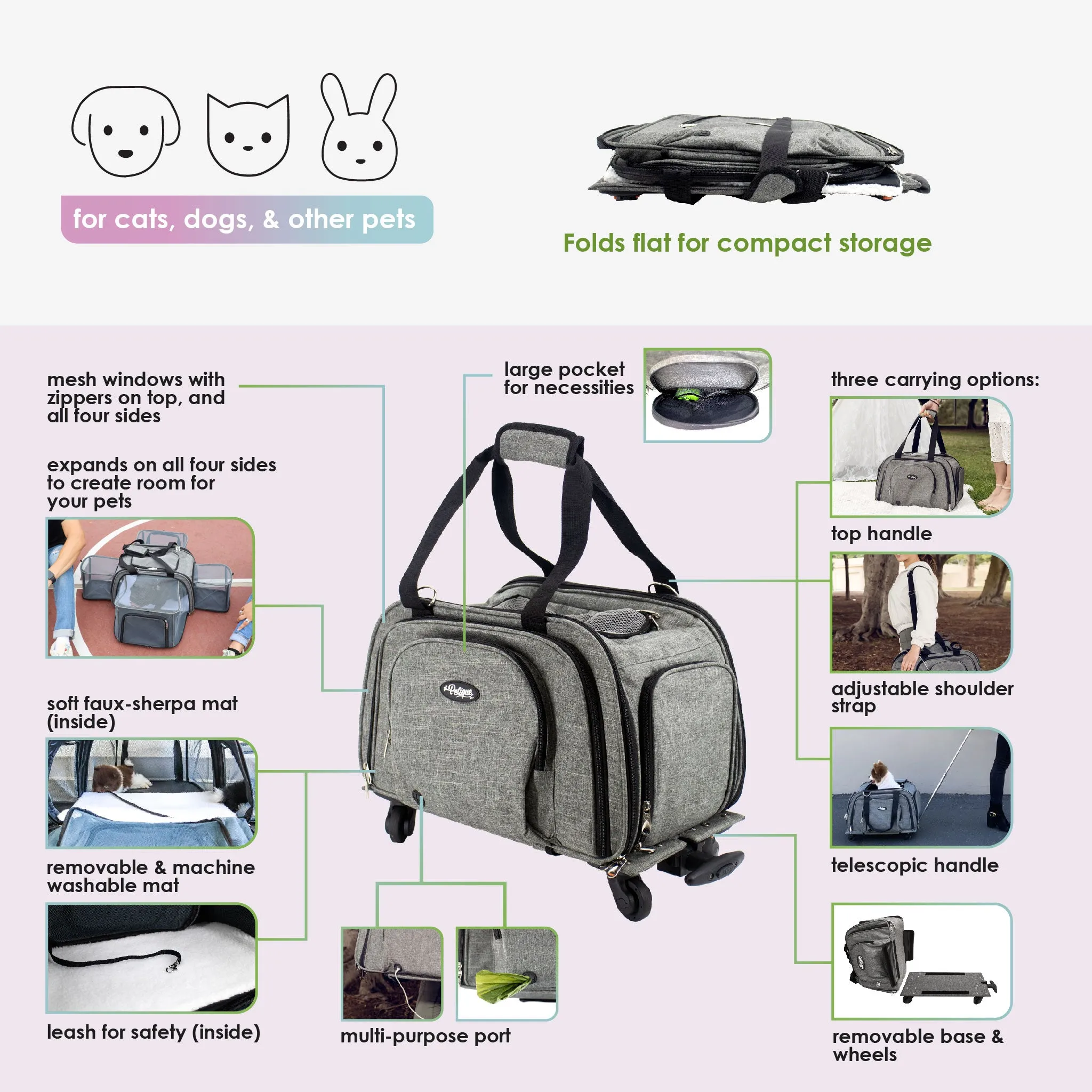Happy Camper Expandable Pet Carrier: 4x Room, Durable Mesh, 360° Wheels, Faux-Sherpa Mat, Airline Approved, 3 Carrying Options, Zipper Doors, Removable Wheels & Base, Folds Flat for Travel for Dogs, Cats, Small Animals, Supports up to 15 LBS