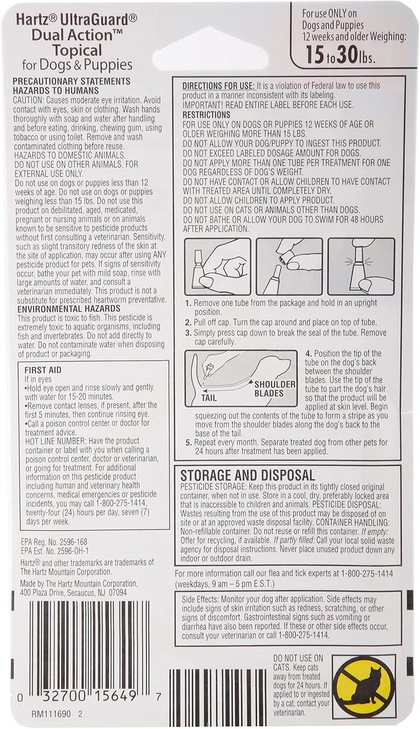 Hartz UltraGuard Dual Action Topical Flea & Tick Treatment for Dogs and Puppies - 15-30lbs, 3 Monthly Treatments