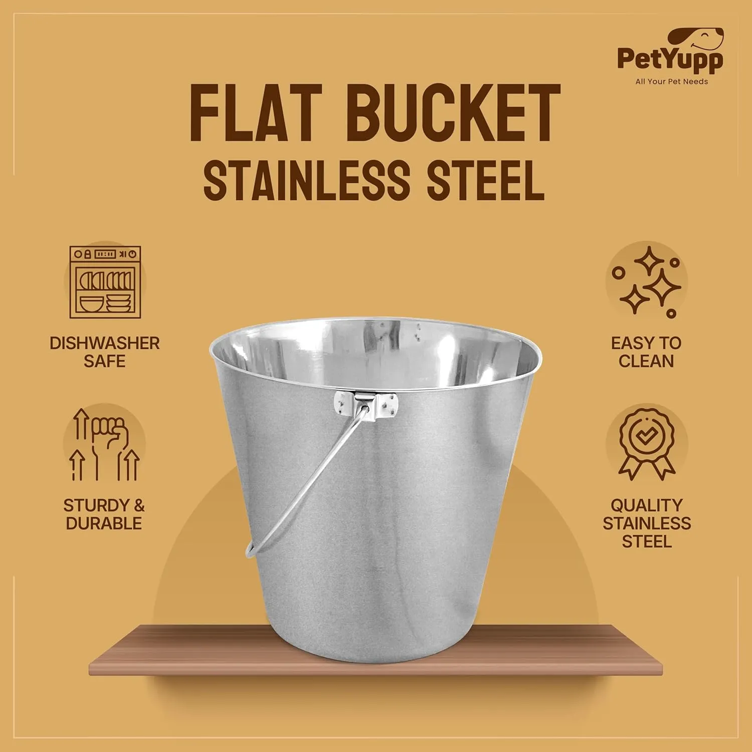 Heavy Duty Stainless Steel Bucket for Dogs - 6 Quart - Durable Flat-Sided Metal Bucket for Feeding Watering & Cleaning- Perfect for Kennels, Cages, Critter Crates & Hanging on Fences