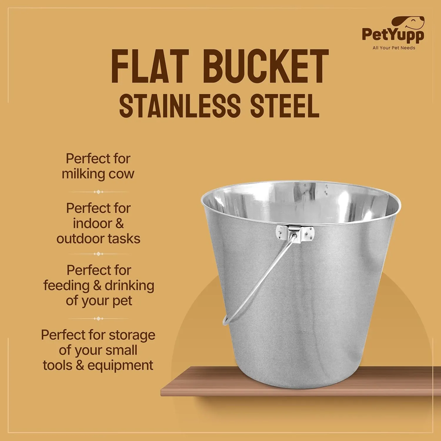 Heavy Duty Stainless Steel Bucket for Dogs - 6 Quart - Durable Flat-Sided Metal Bucket for Feeding Watering & Cleaning- Perfect for Kennels, Cages, Critter Crates & Hanging on Fences