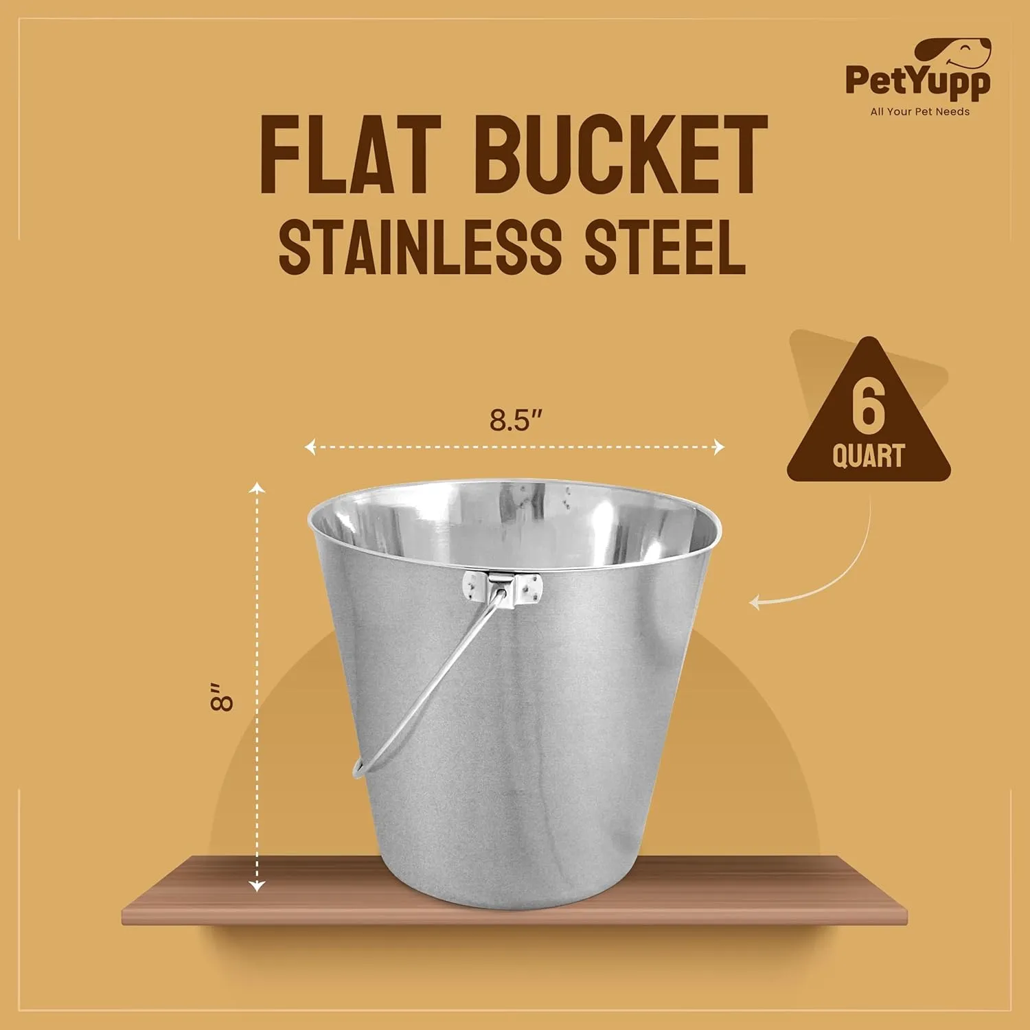 Heavy Duty Stainless Steel Bucket for Dogs - 6 Quart - Durable Flat-Sided Metal Bucket for Feeding Watering & Cleaning- Perfect for Kennels, Cages, Critter Crates & Hanging on Fences