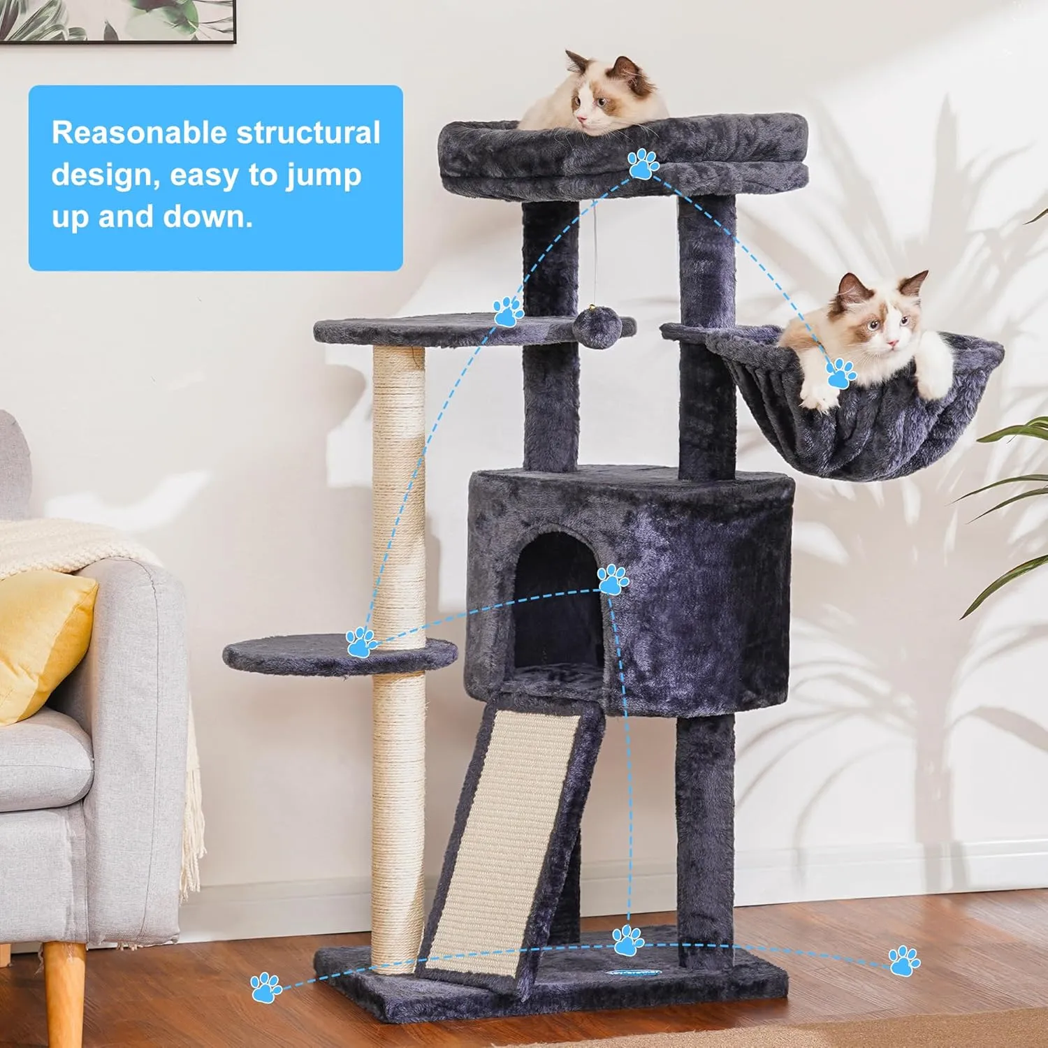 Hey-brother Cat Tree with Scratching Board, Cat Tower with Padded Plush Perch and Cozy Basket, Multi-Platform for Jump, Smoky Gray MPJ005G