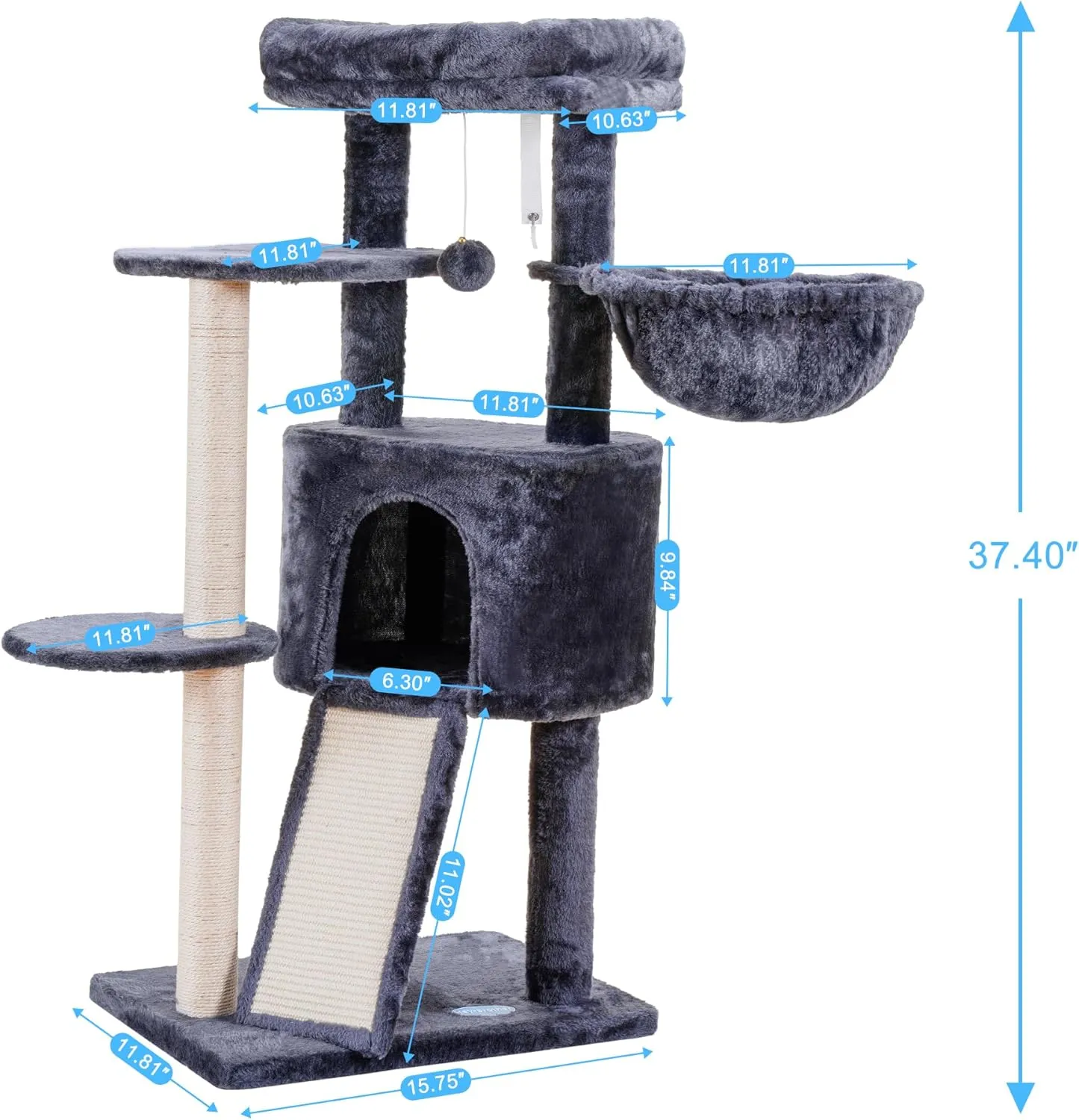 Hey-brother Cat Tree with Scratching Board, Cat Tower with Padded Plush Perch and Cozy Basket, Multi-Platform for Jump, Smoky Gray MPJ005G
