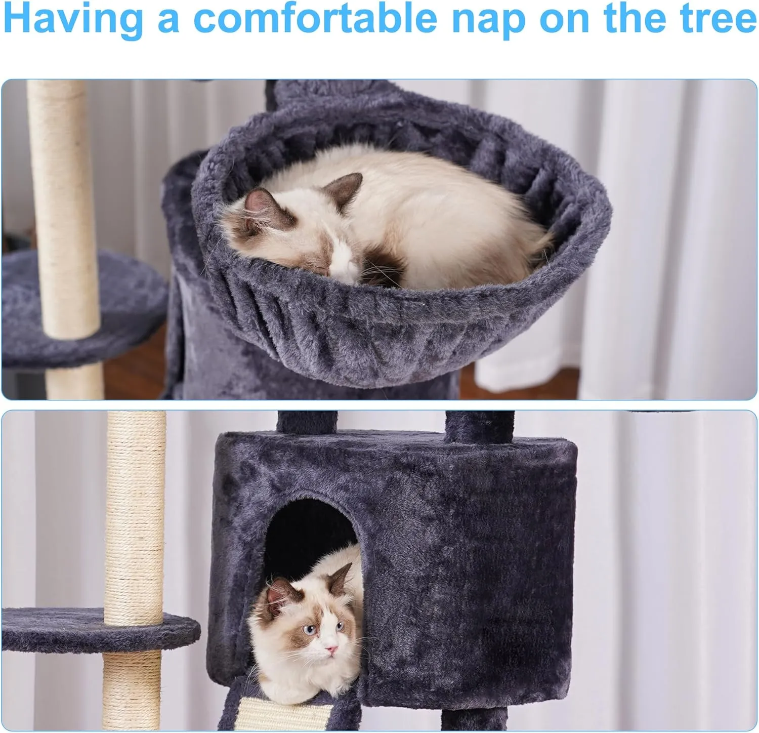 Hey-brother Cat Tree with Scratching Board, Cat Tower with Padded Plush Perch and Cozy Basket, Multi-Platform for Jump, Smoky Gray MPJ005G