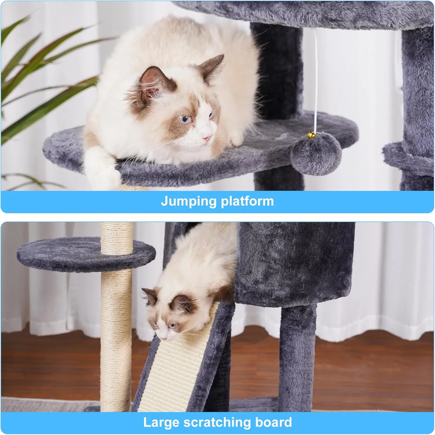 Hey-brother Cat Tree with Scratching Board, Cat Tower with Padded Plush Perch and Cozy Basket, Multi-Platform for Jump, Smoky Gray MPJ005G