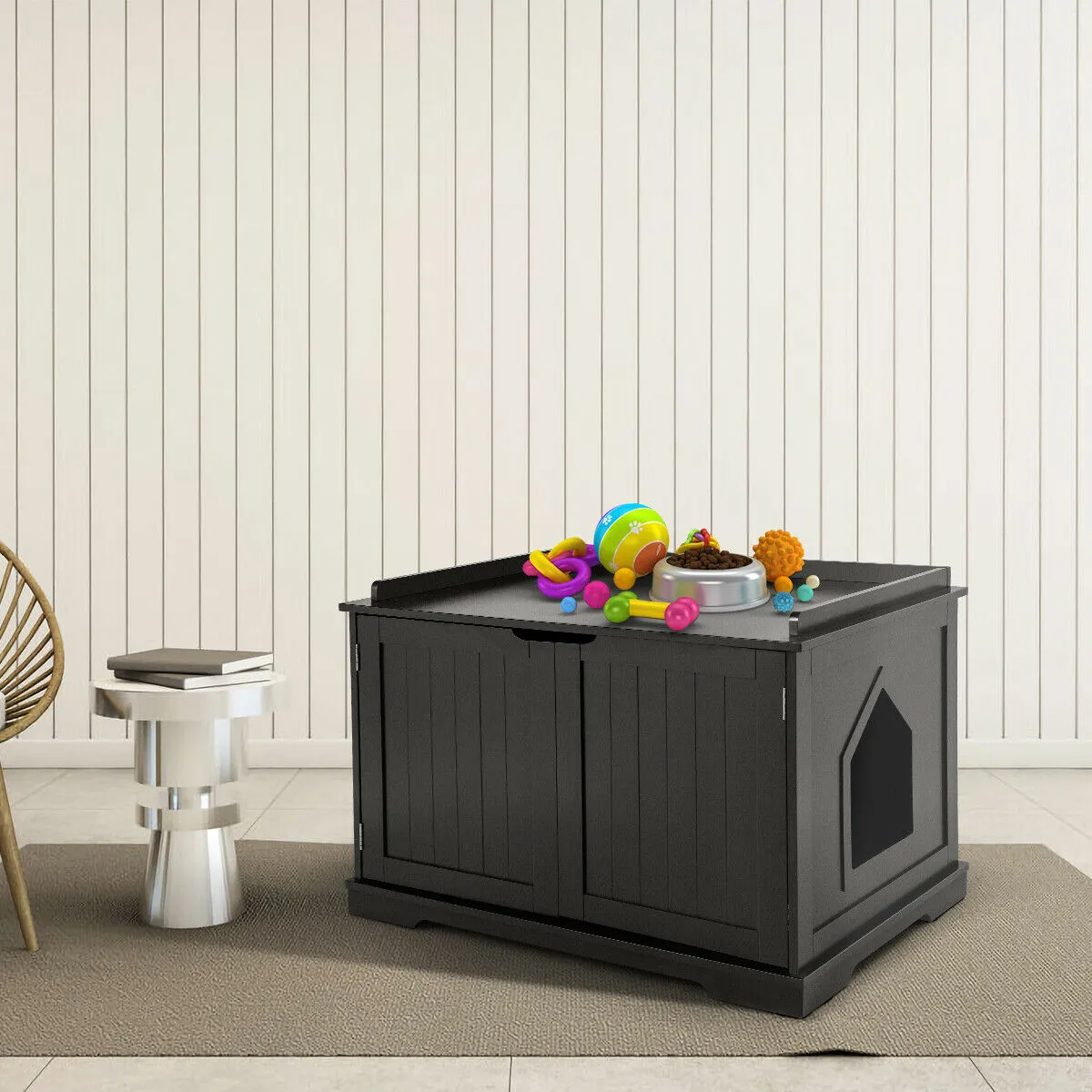 Large Cat Litter Box with Double Doors and Removable Divider-Black