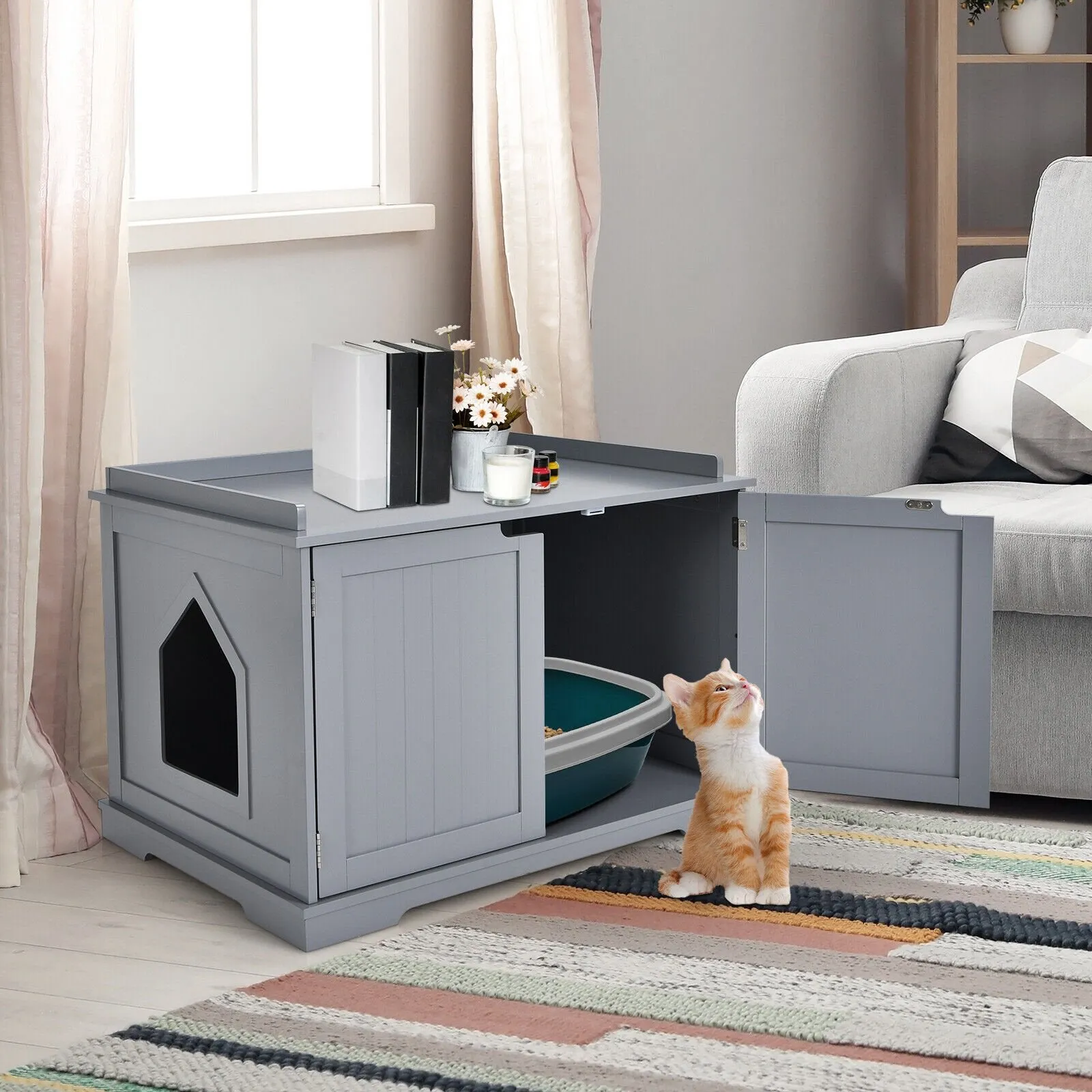 Large Cat Litter Box with Double Doors and Removable Divider-Grey