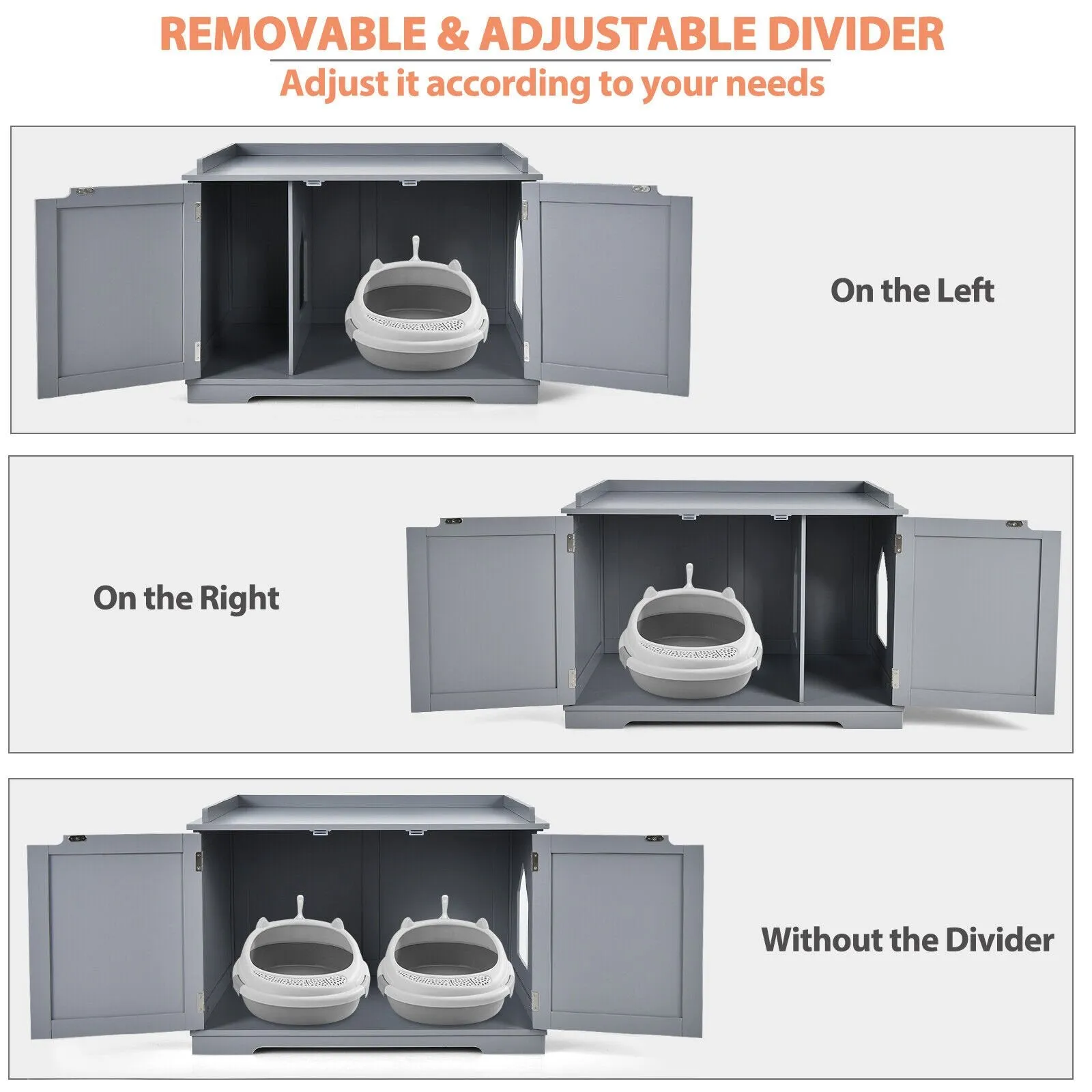 Large Cat Litter Box with Double Doors and Removable Divider-Grey