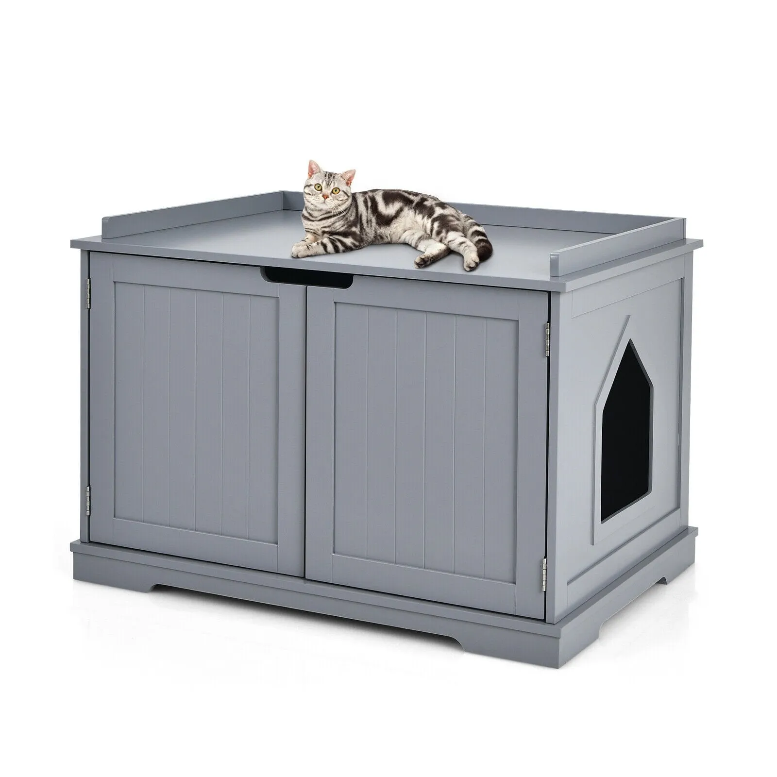 Large Cat Litter Box with Double Doors and Removable Divider-Grey