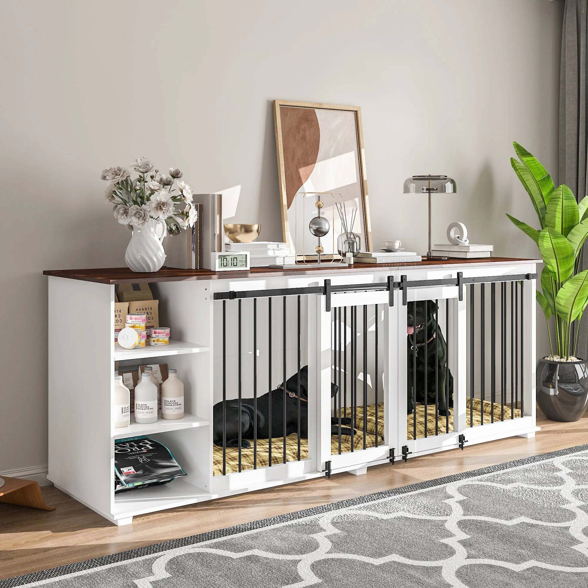 Large Dog Crate Furniture with Barn Doors and Divider