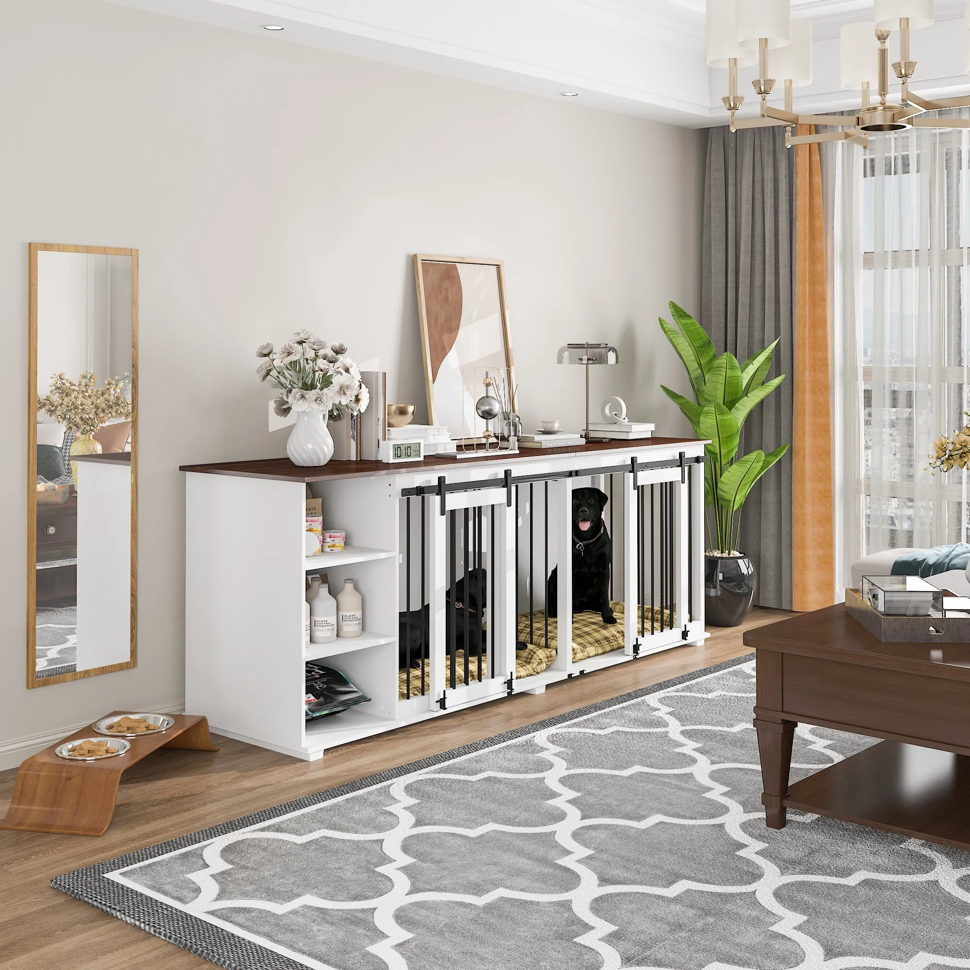 Large Dog Crate Furniture with Barn Doors and Divider