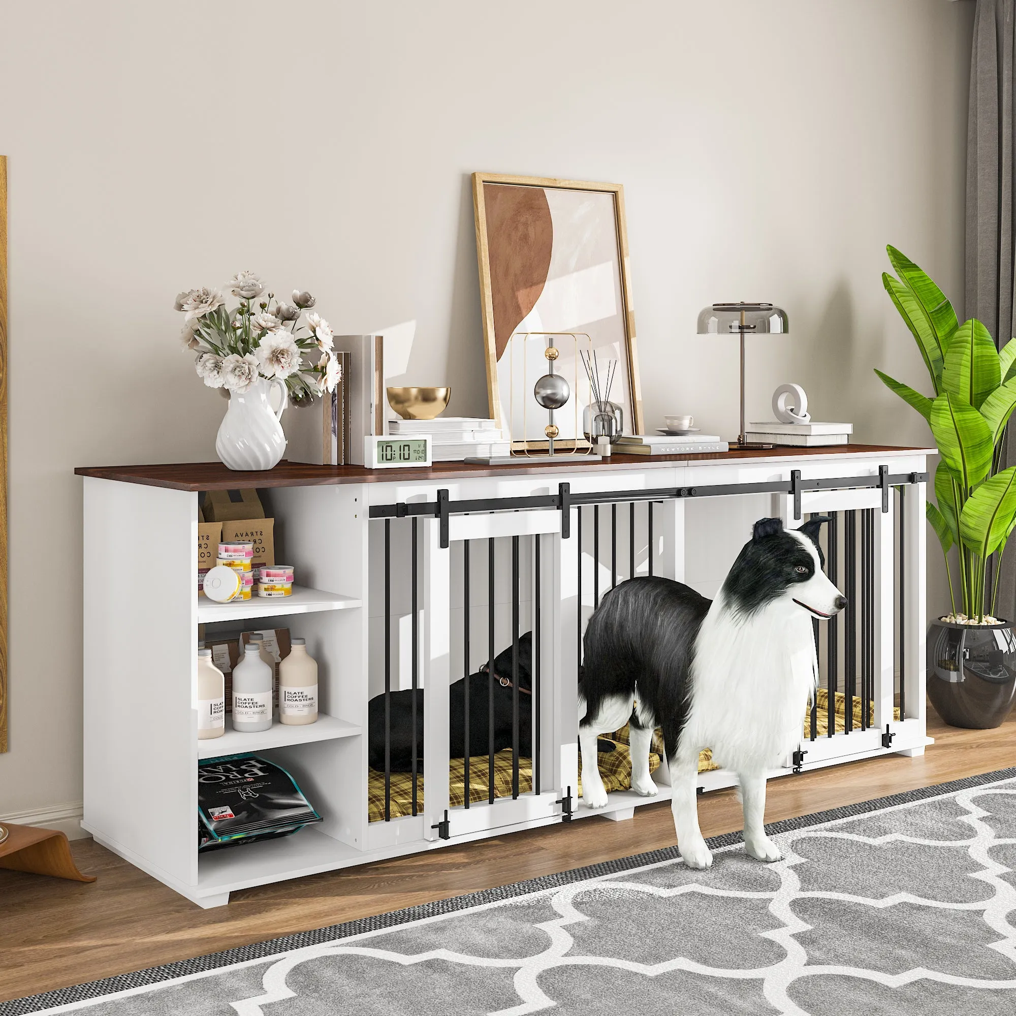 Large Dog Crate Furniture with Barn Doors and Divider