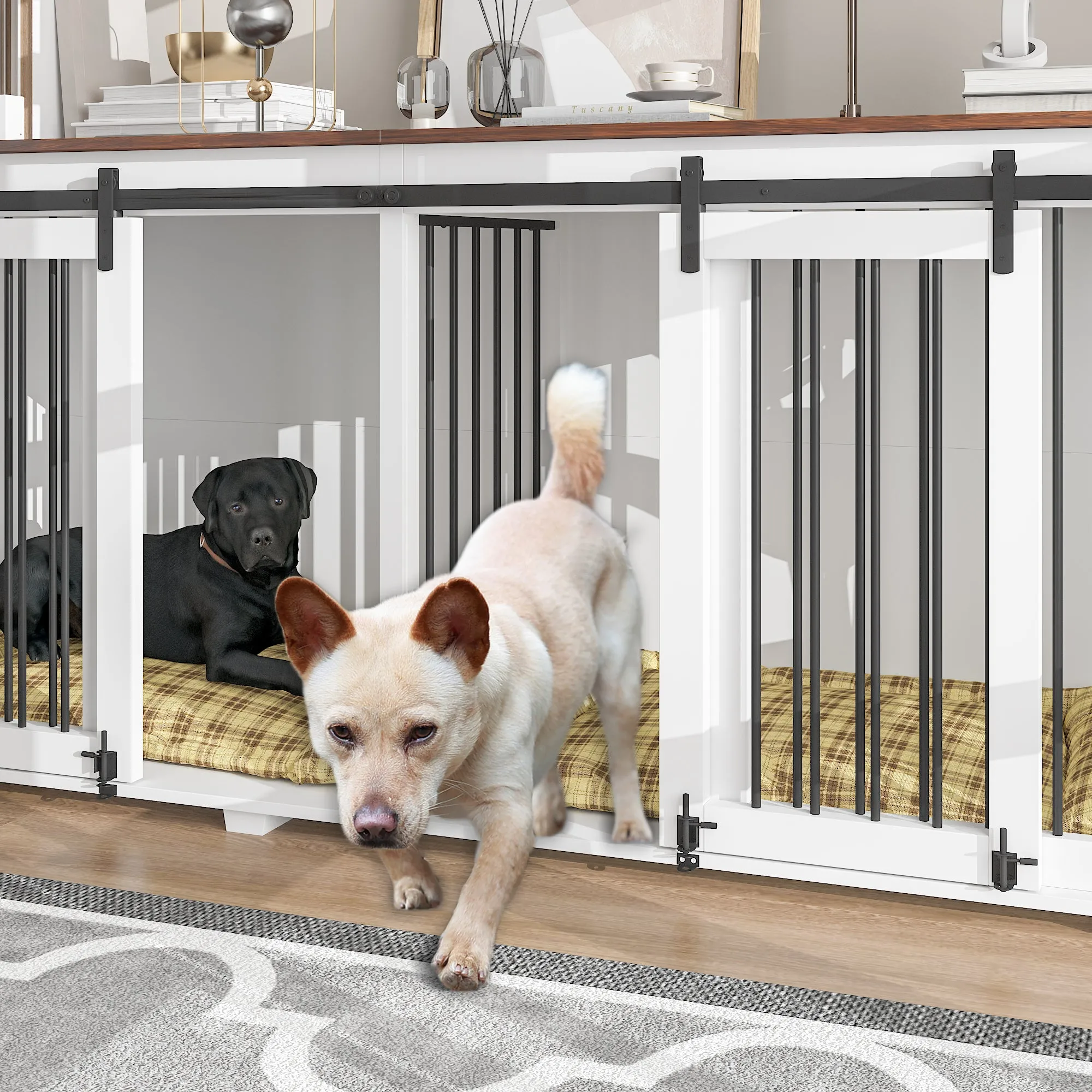 Large Dog Crate Furniture with Barn Doors and Divider