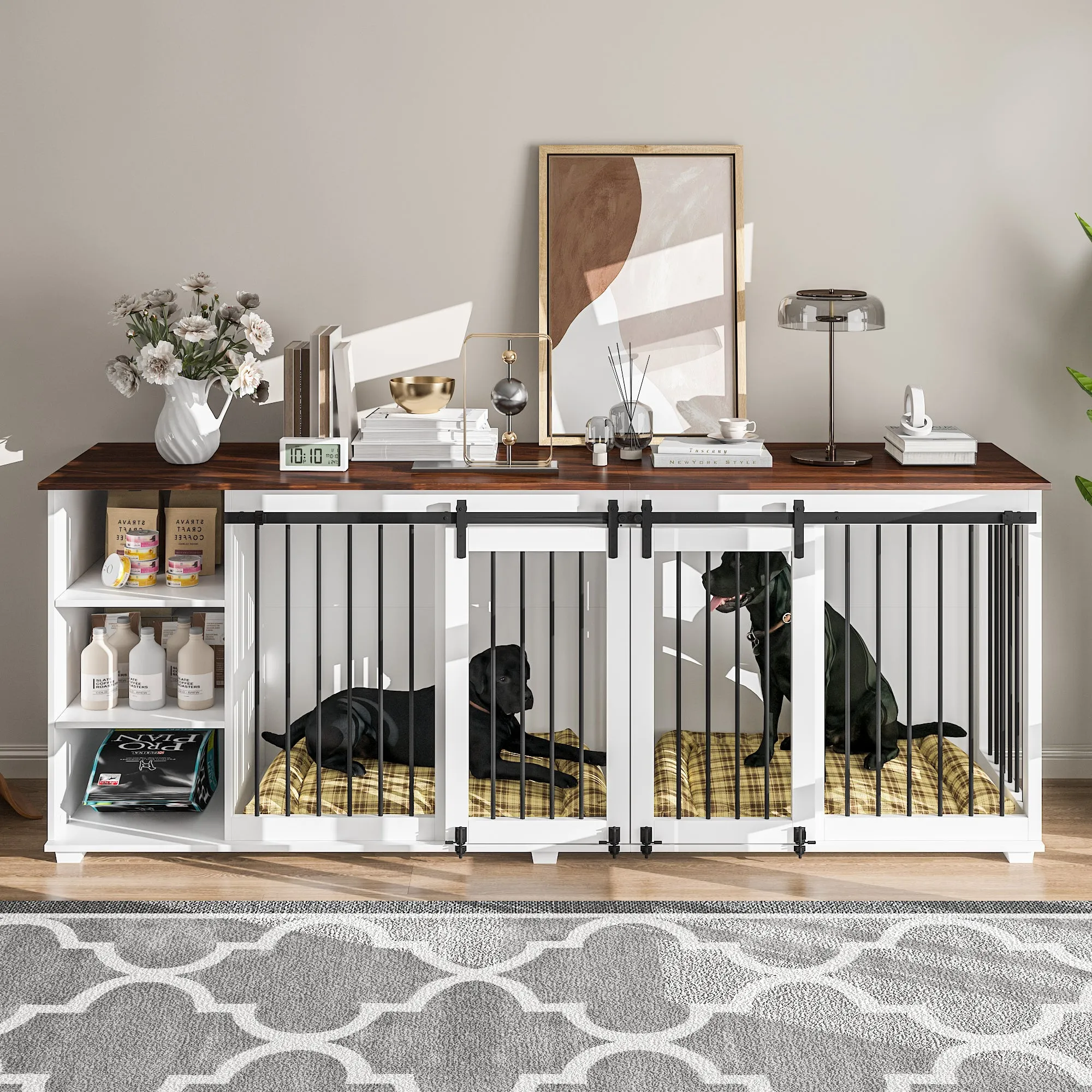 Large Dog Crate Furniture with Barn Doors and Divider