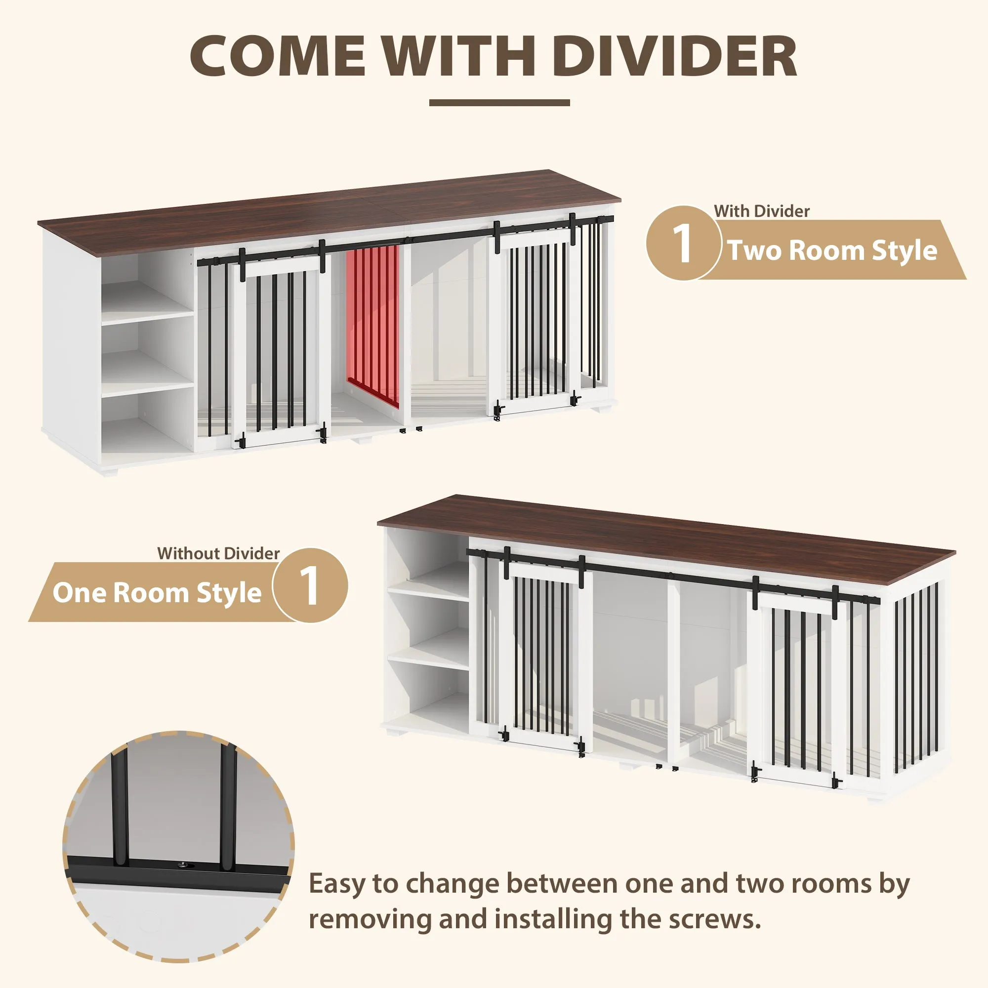 Large Dog Crate Furniture with Barn Doors and Divider