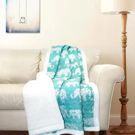 Lush Decor Elephant Parade Fuzzy Reversible Sherpa Throw Blanket, 60 x 50, White and Aqua