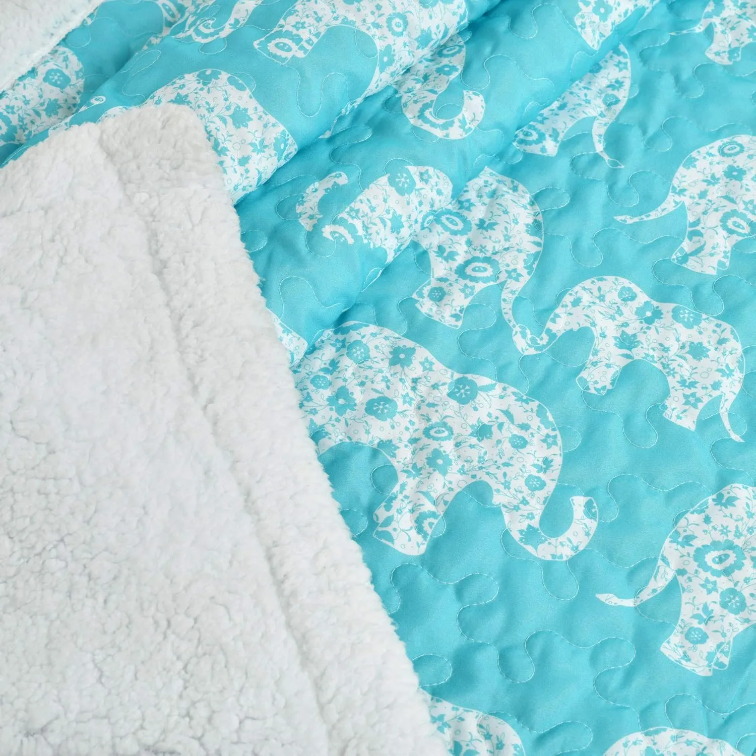 Lush Decor Elephant Parade Fuzzy Reversible Sherpa Throw Blanket, 60 x 50, White and Aqua