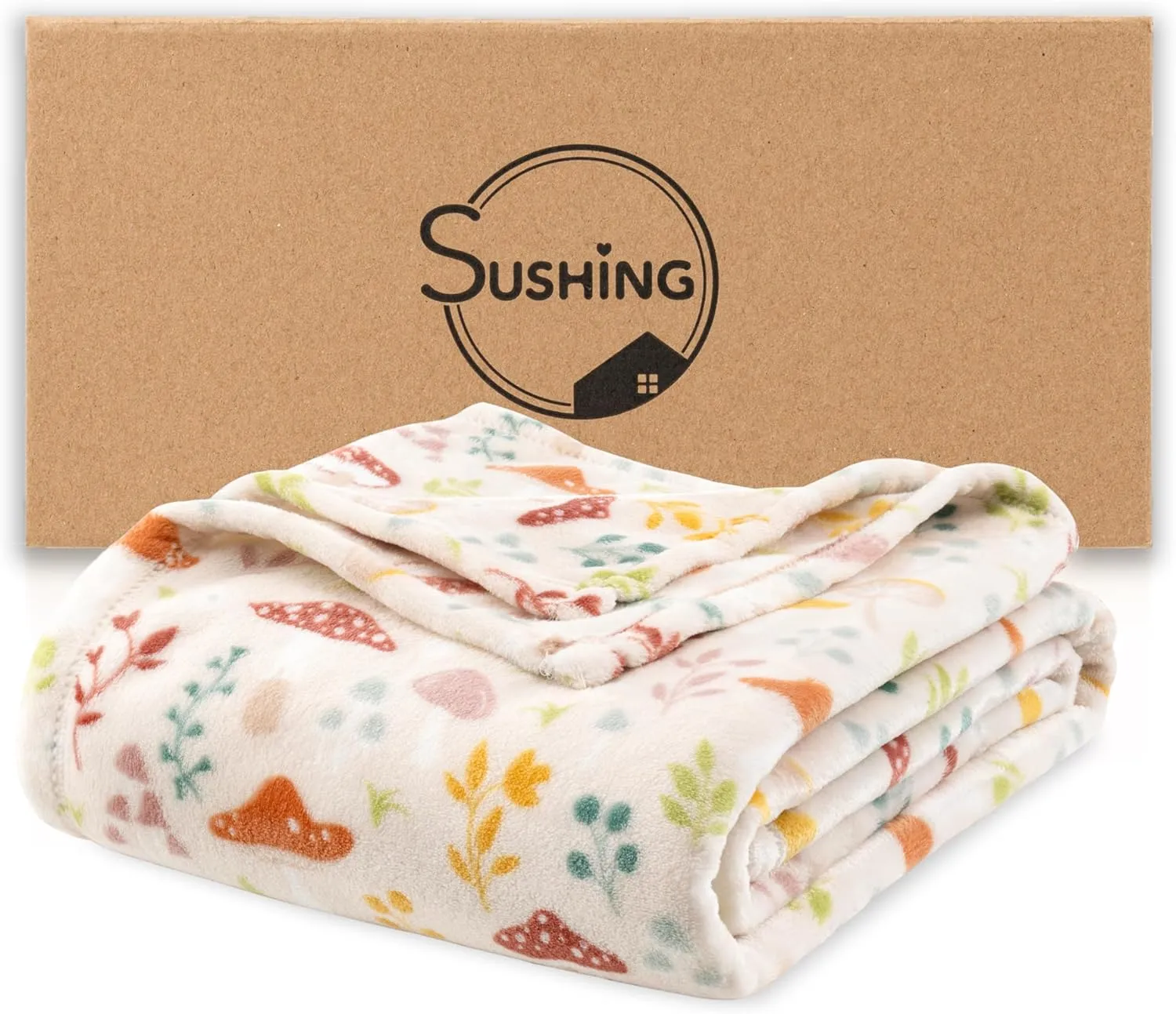 Luxury Printed Fleece Warm Blanket, Soft Lightweight Velvety Plush Throw for Couch and Bed, Cozy Comfy for All Seasons(Cream Various Mushrooms, 10890 Inches)